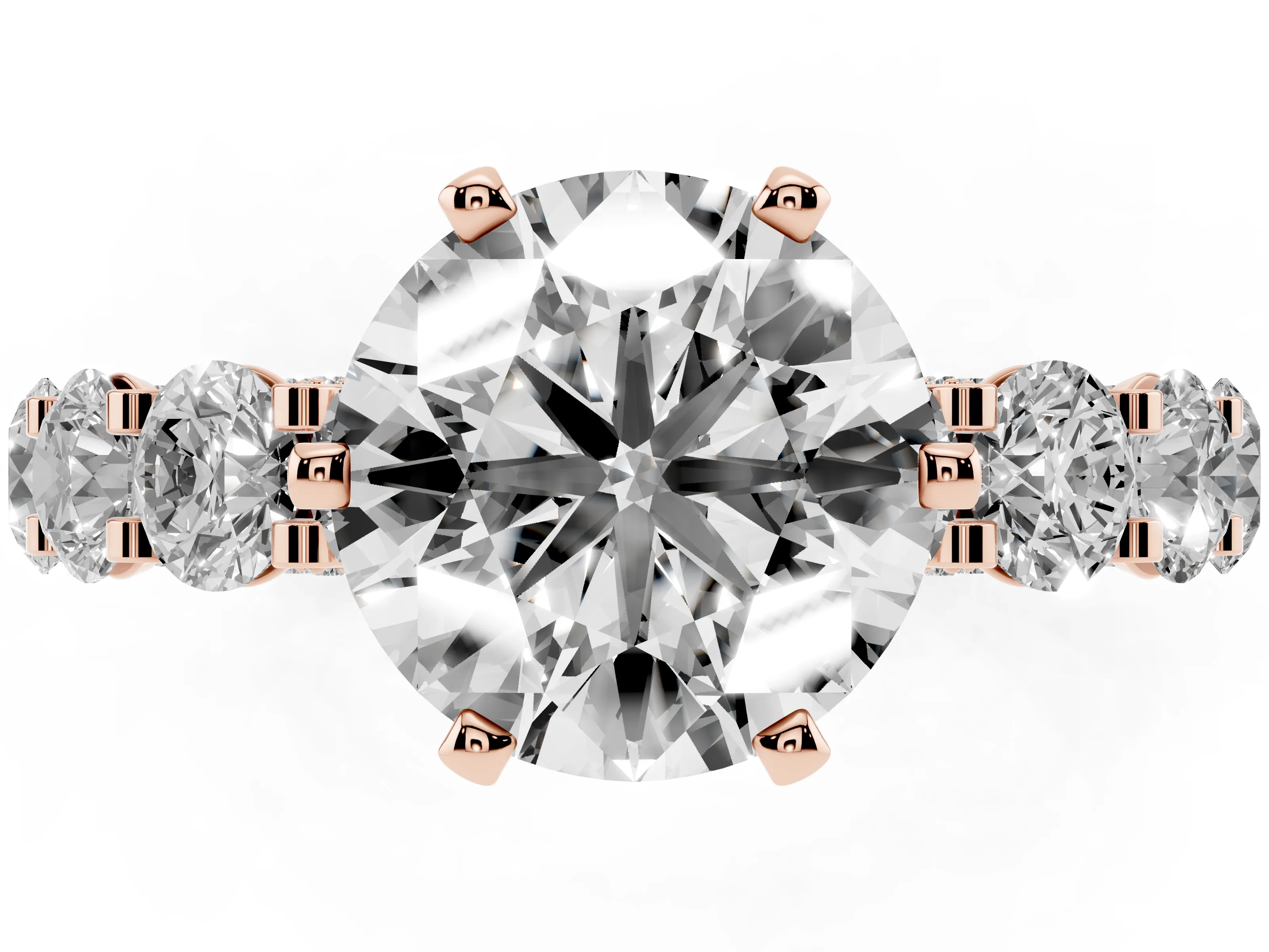 Round Cut Diamond Side Stone Ring Set in Rose gold with Alternating Round and Oval Side Stones