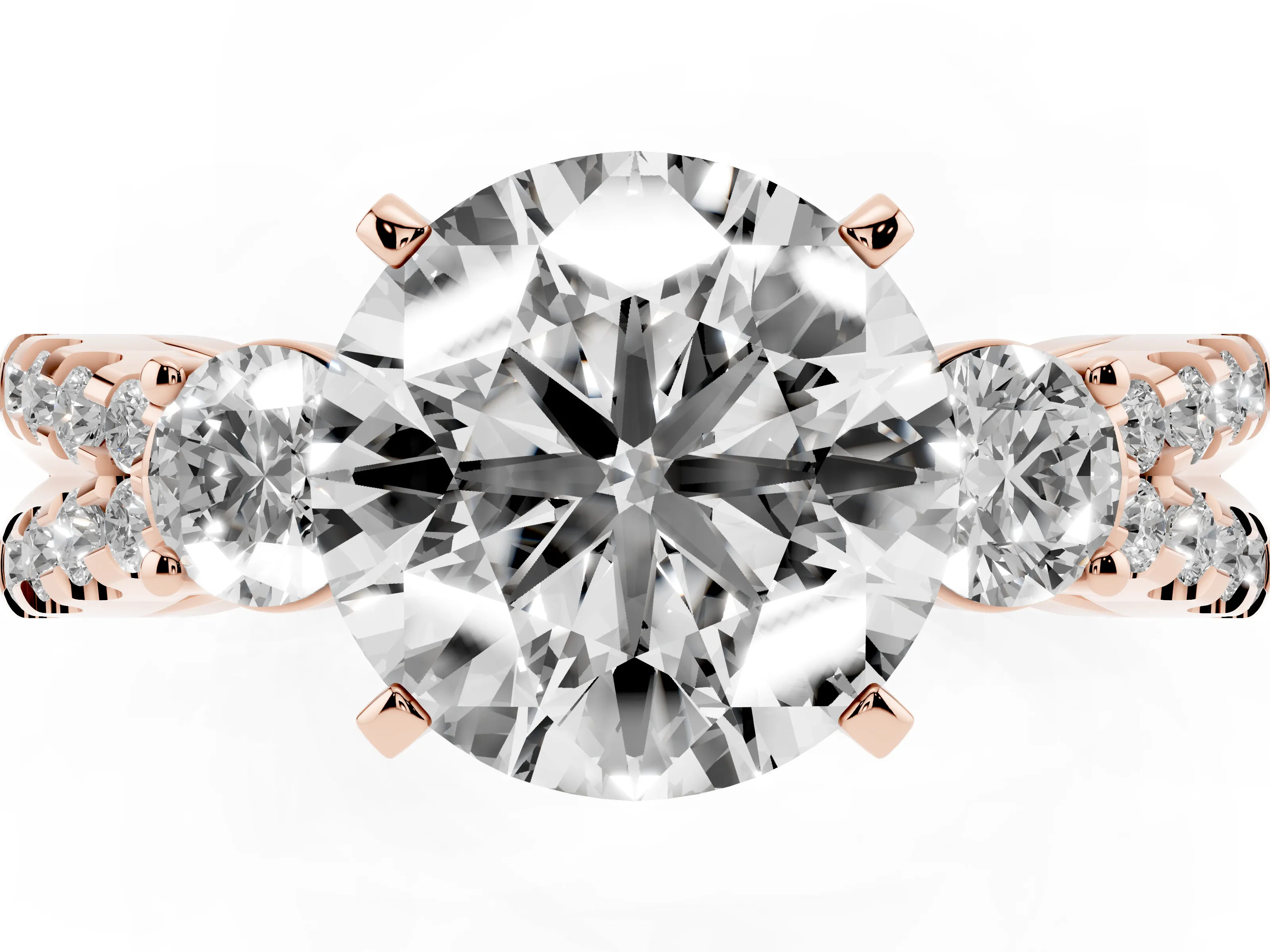 Round Cut Diamond Three-Stone Ring Set in Rose gold with Pavé Split Shank and Prong Setting