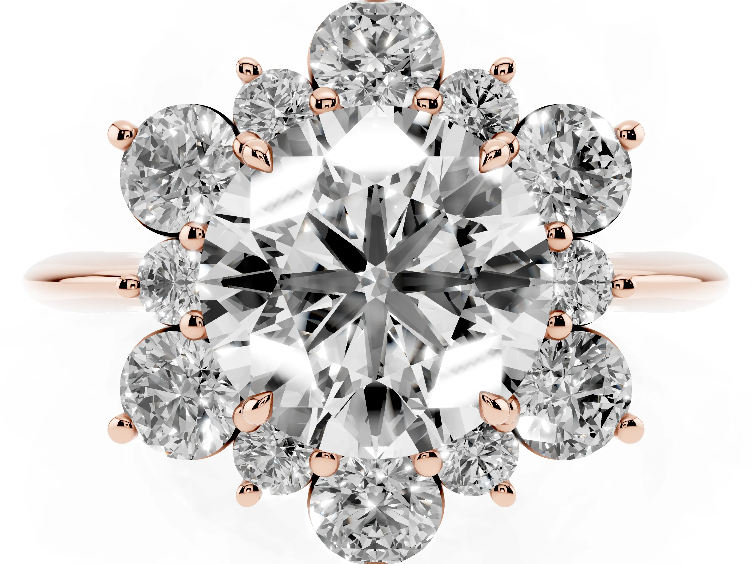Round Cut Diamond Cluster Halo Ring Set in Rose gold with Solitaire Band and Prong Setting