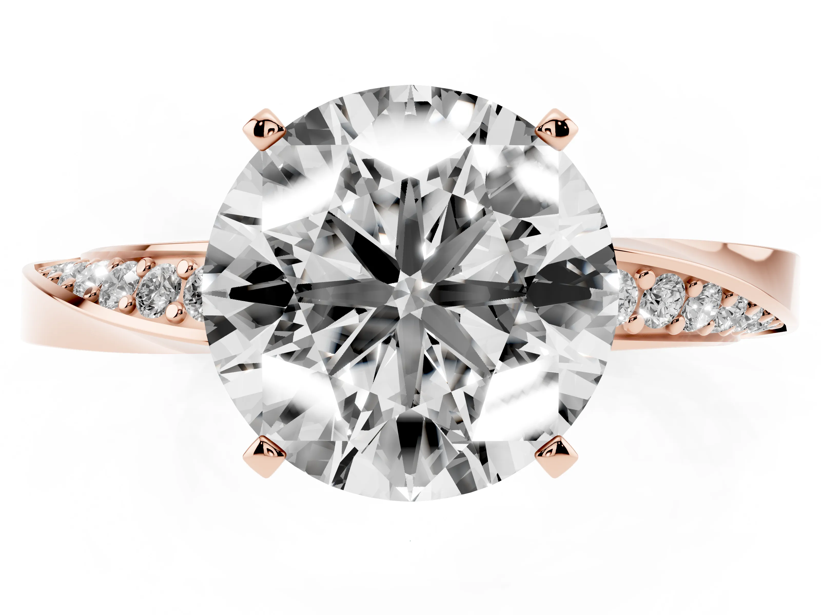 Round Cut Diamond Engagement Ring Set in Rose gold with Side Stone Accents and Prong Setting