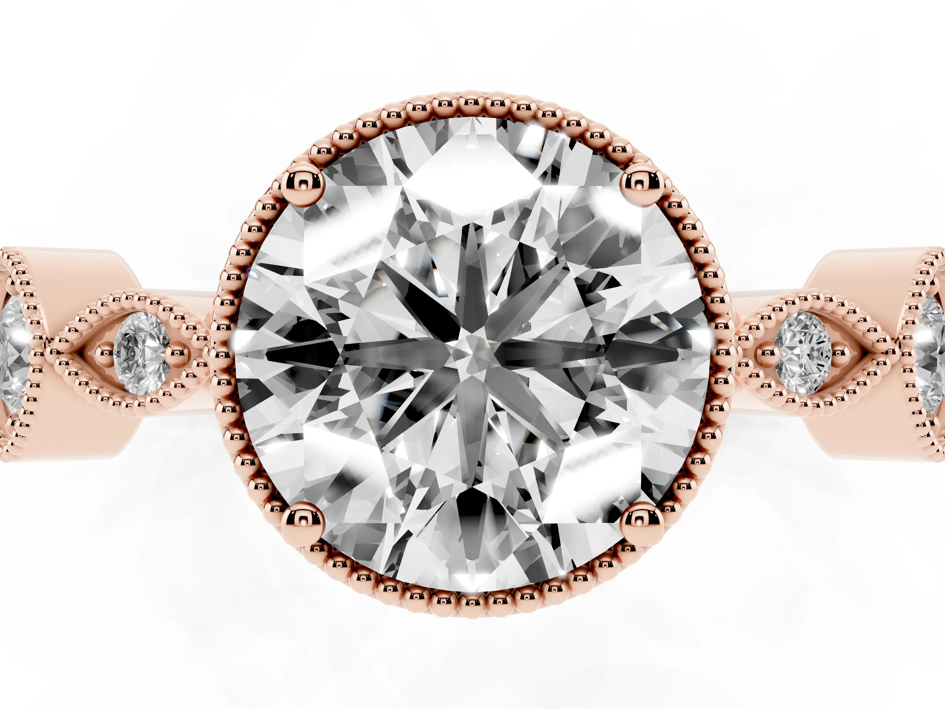 Round Cut Diamond Vintage-Inspired Milgrain Ring Set in Rose gold with Marquise Stations of Round Accents