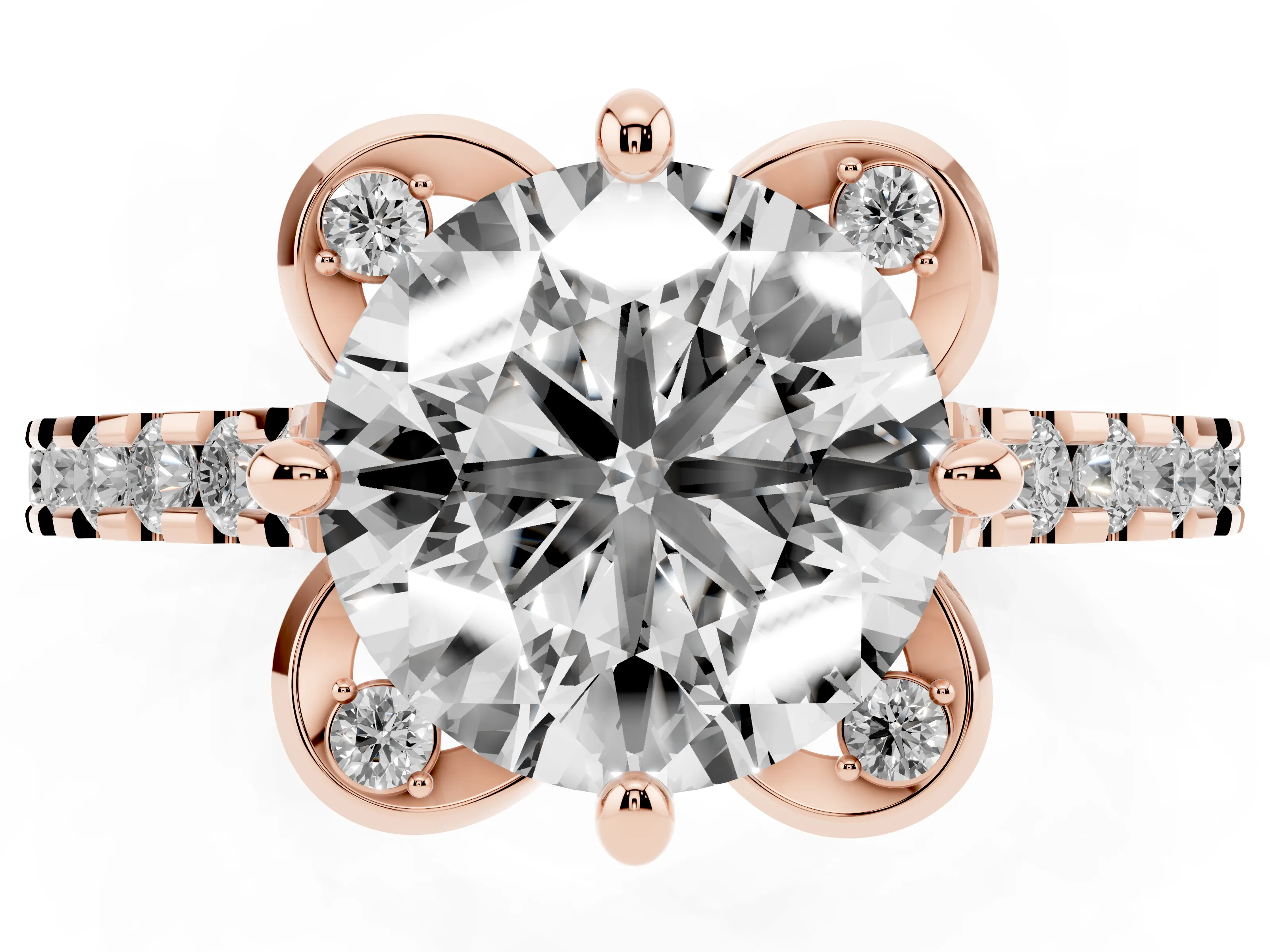 Round Cut Diamond Solitaire Ring Set in Rose gold with Pavé Band and Floral Prong Setting