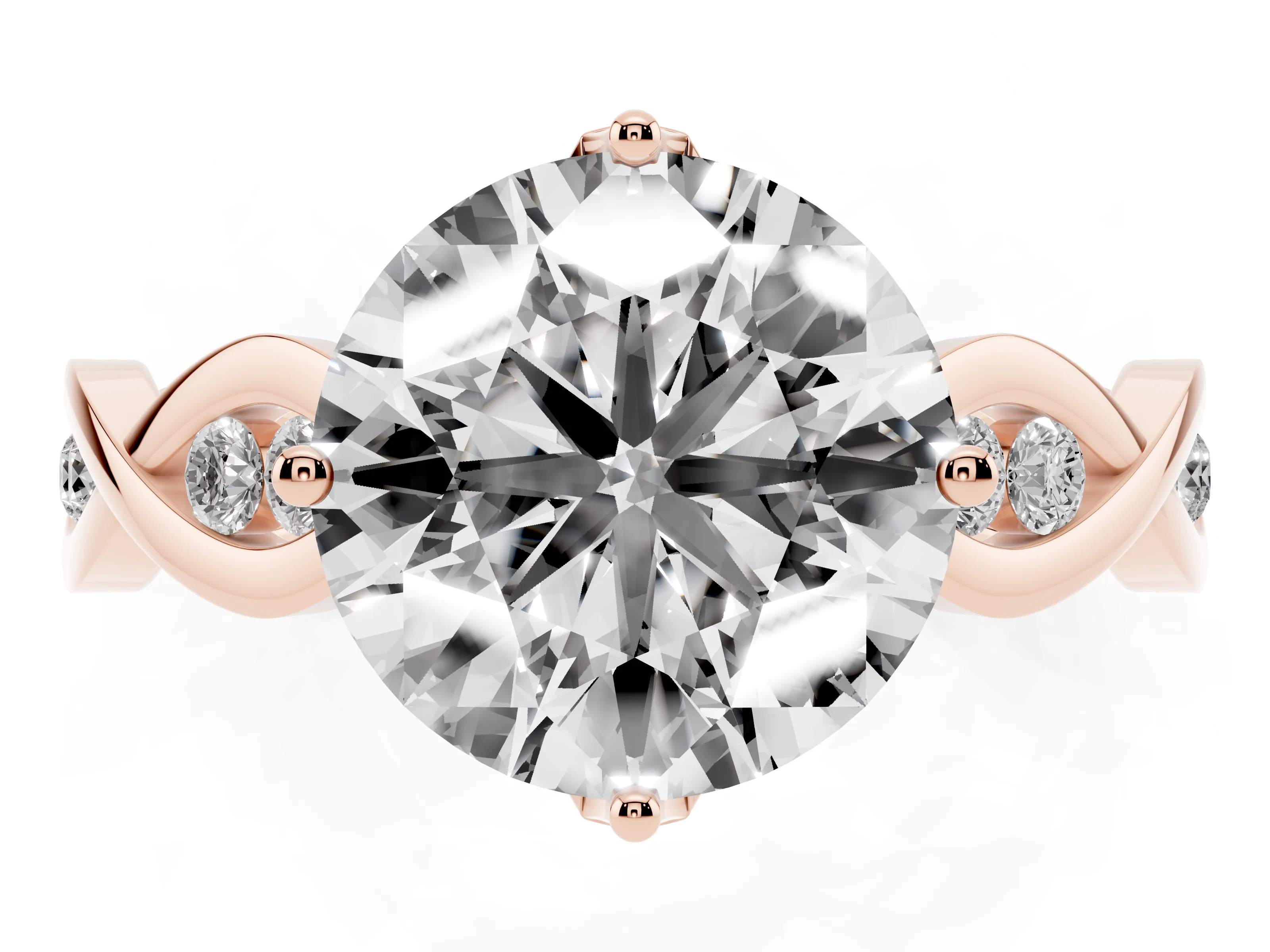 Round Cut Diamond Twist Band Solitaire Ring Set in Rose gold with Leaf Prong Setting and Accent Stones