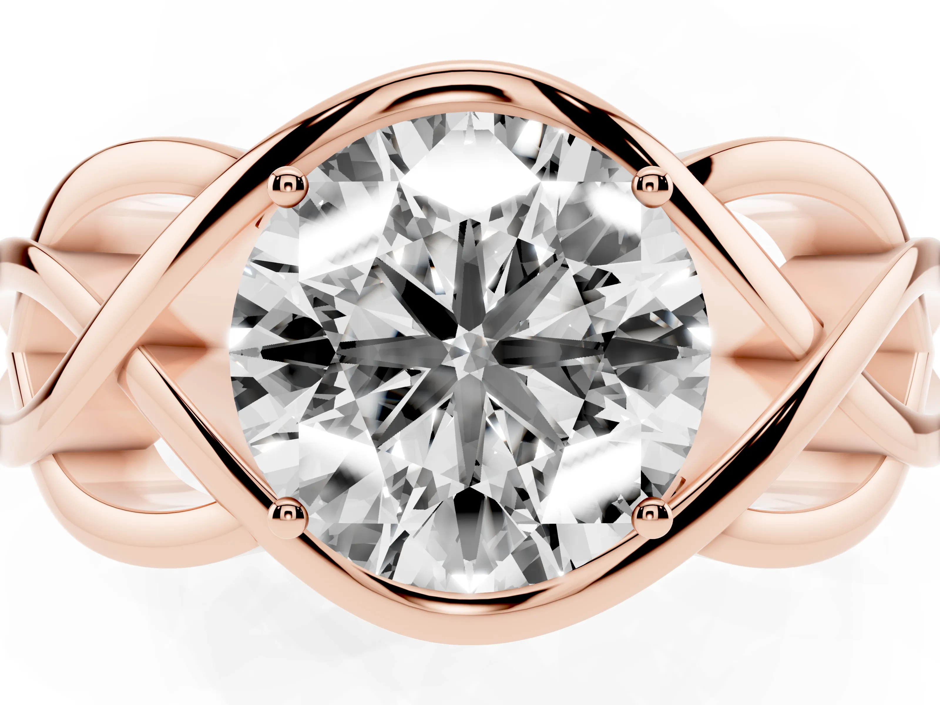 Round Cut Diamond Solitaire Ring Set in Rose gold with Intertwined Band
