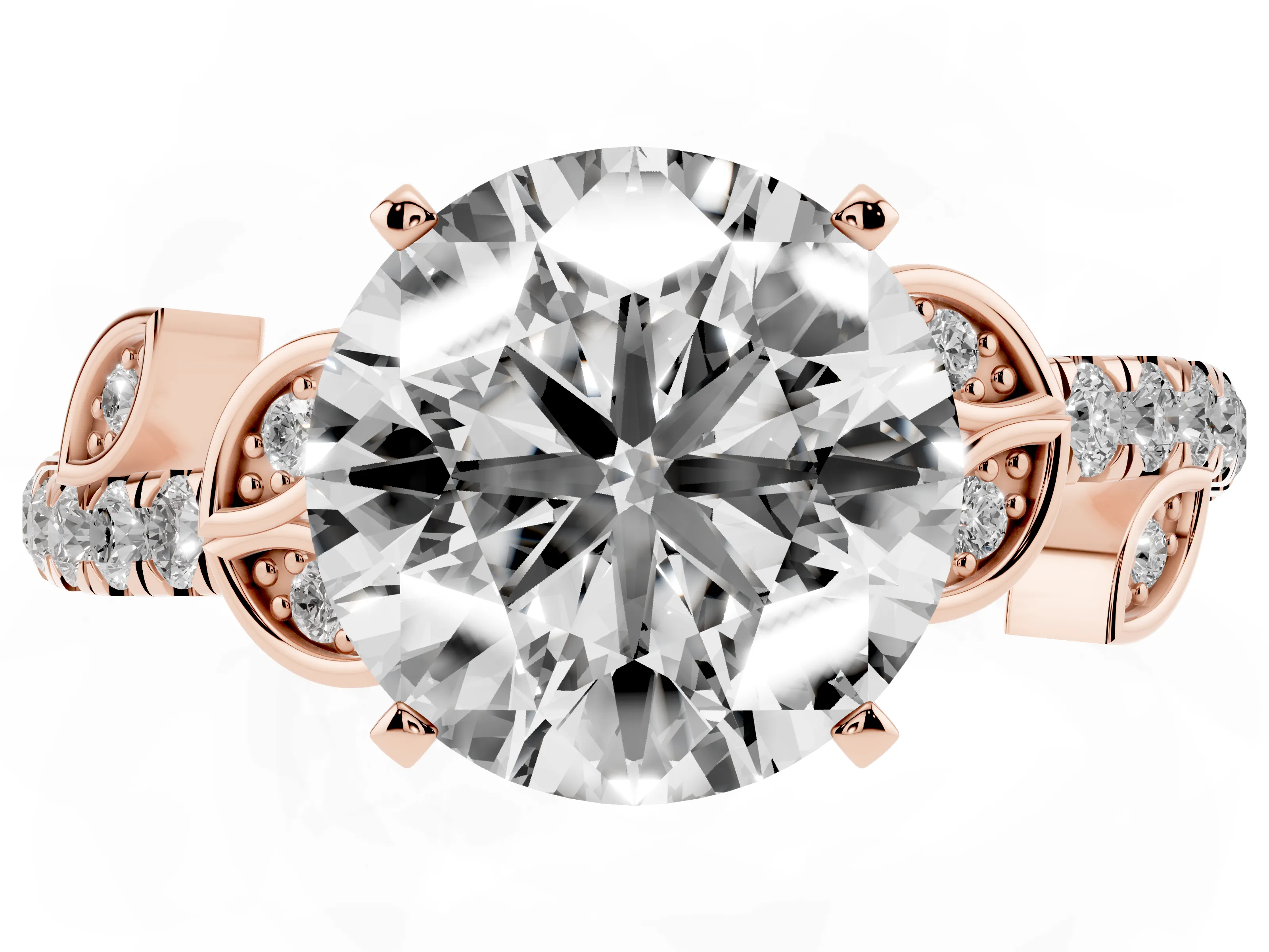 Round Cut Diamond Solitaire Leaf-Inspired Ring Set in Rose gold with Pavé Band and Prong Setting