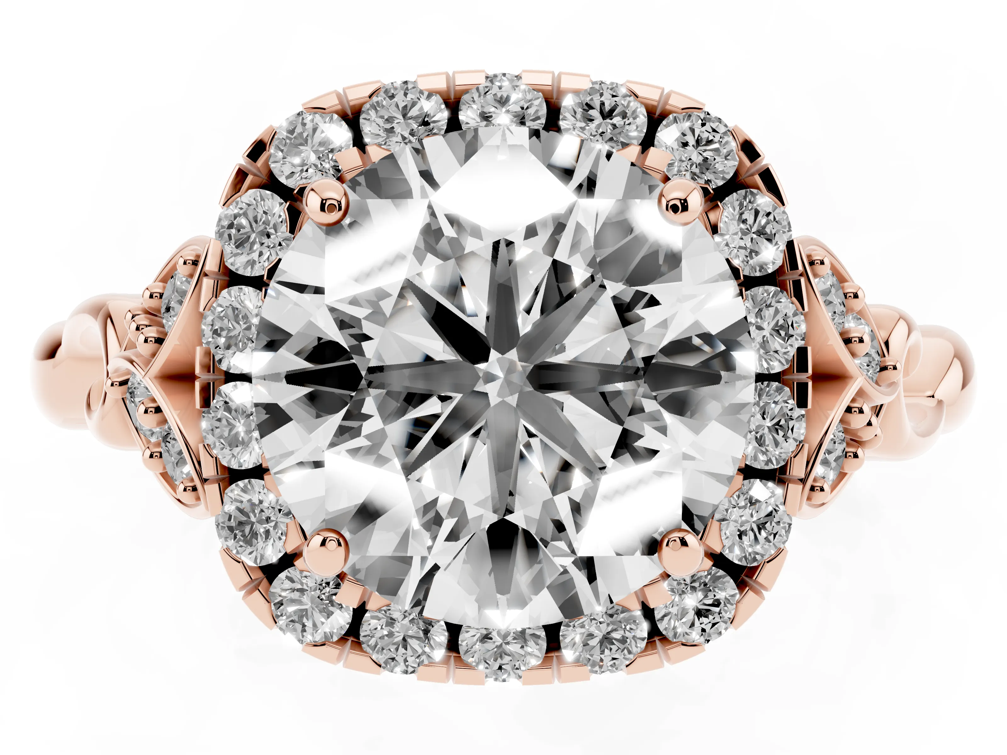 Round Cut Diamond Halo Engagement Ring Set in Rose gold with Vintage-Inspired Band and Prong Setting