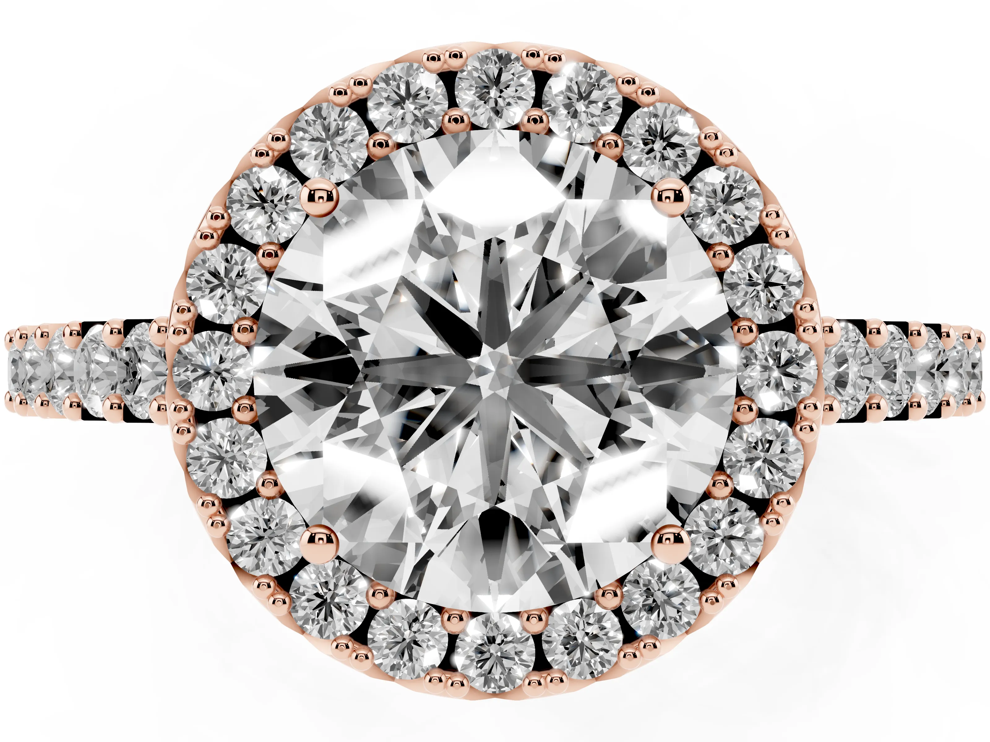 Round Cut Diamond Halo Pavé Solitaire Ring Set in Rose gold with Prong-Set Center Stone