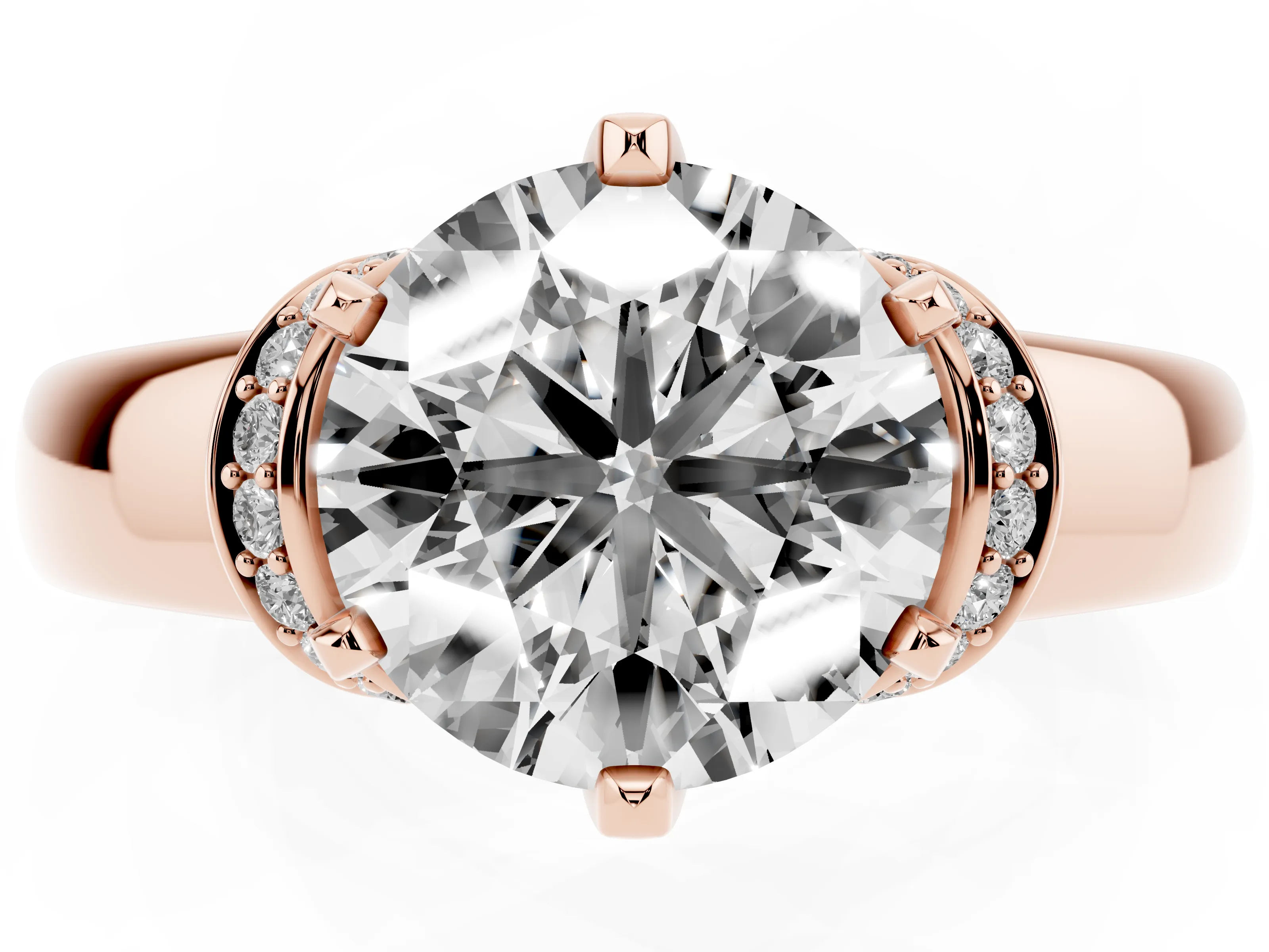 Round Cut Diamond Pavé Band Solitaire Ring Set in Rose gold with Prong Setting