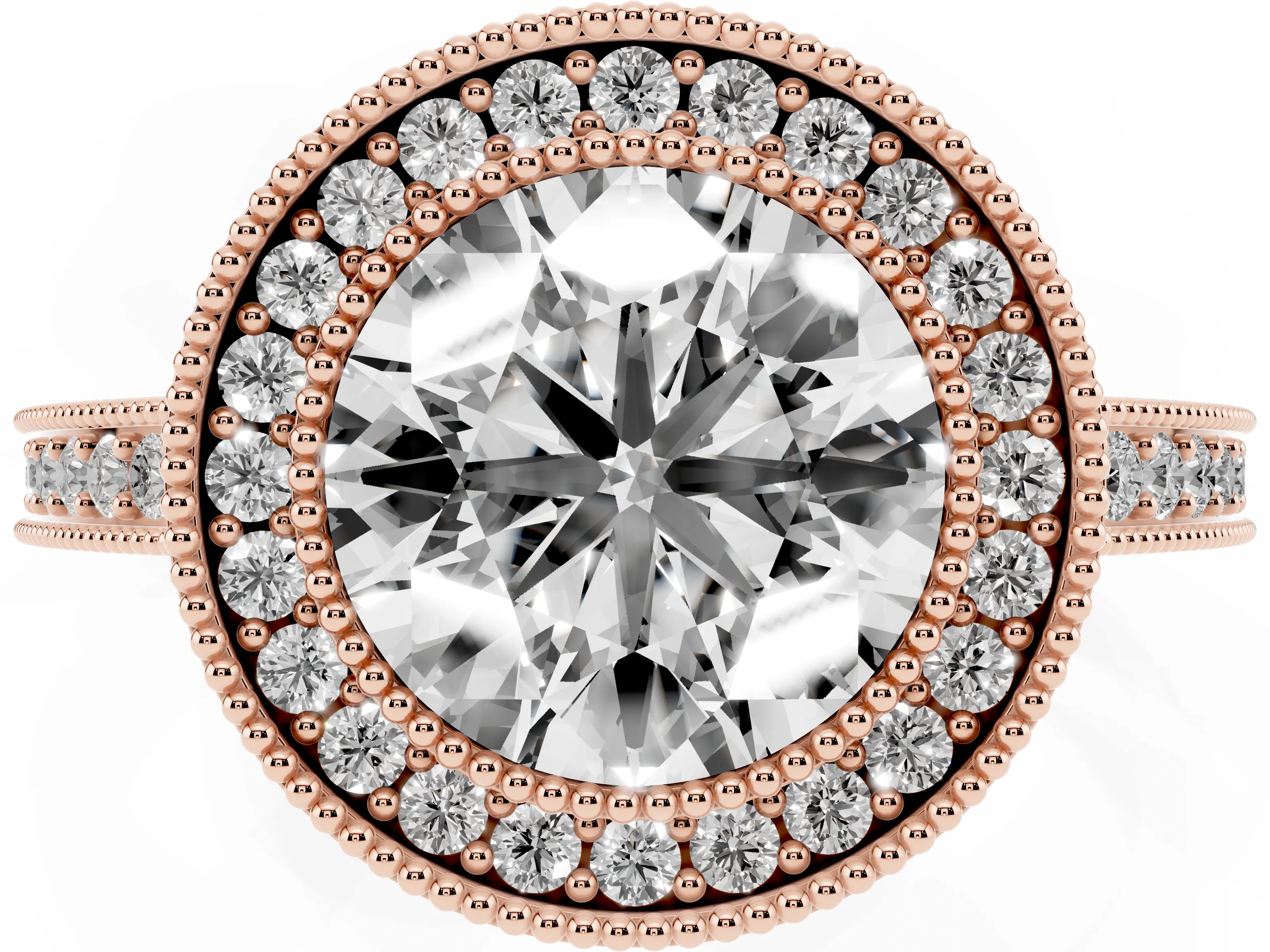 Round Cut Diamond Round Halo Ring Set in Rose gold with Pavé Band