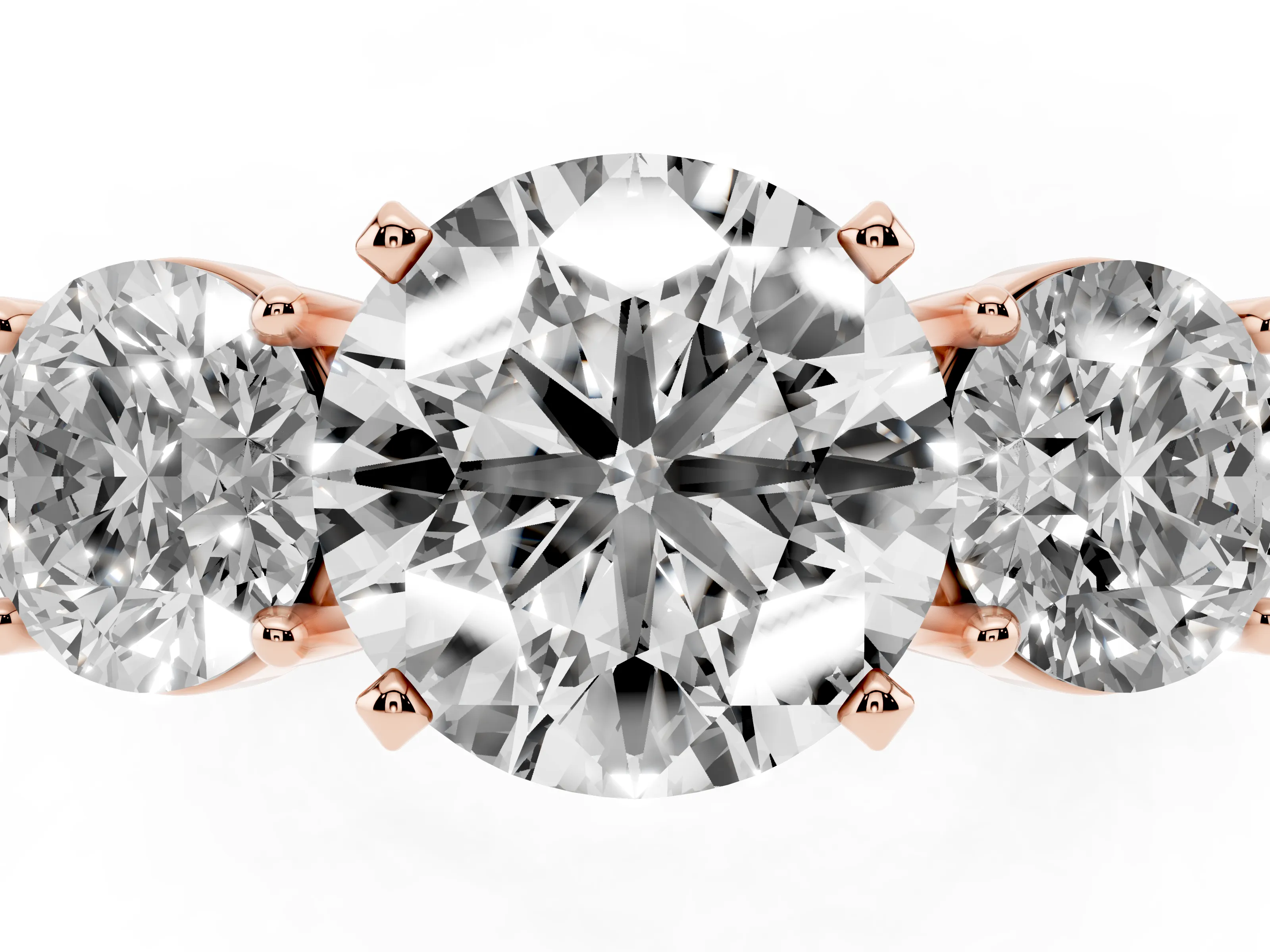 Round Cut Diamond Three-Stone Ring Set in Rose gold with Round Side Stones and Classic Band