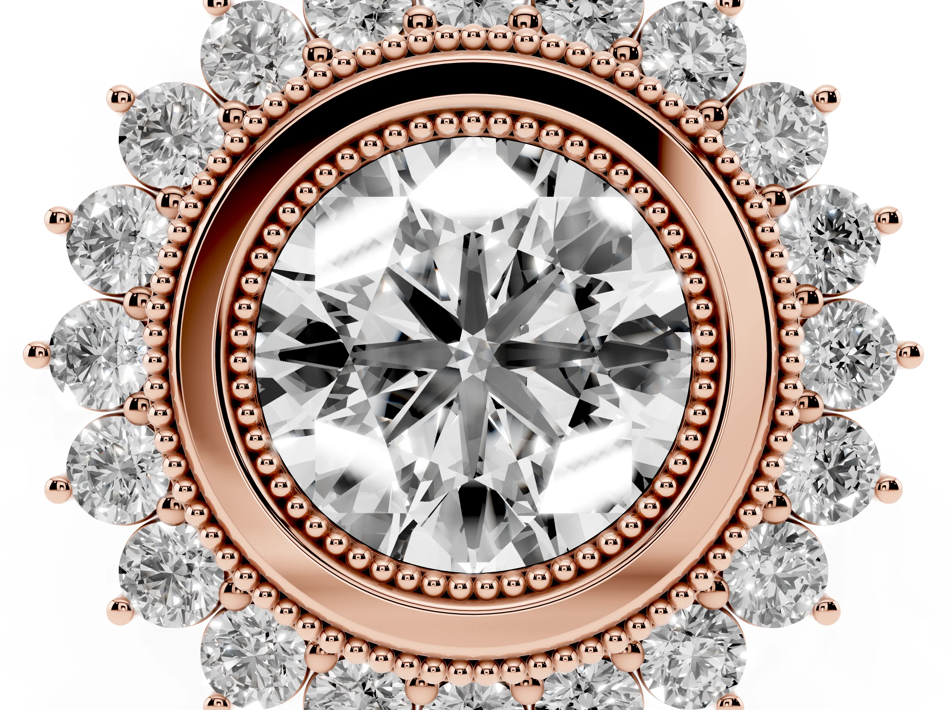 Round Cut Diamond Halo Ring Set in Rose gold with Milgrain Edge and Round Prong Setting