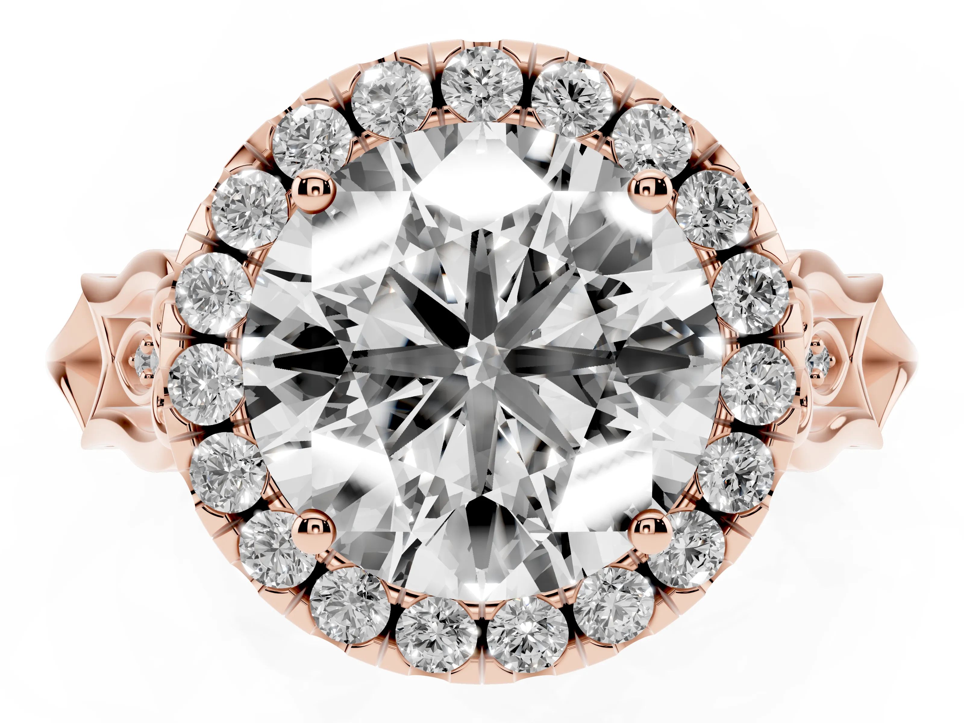Round Cut Diamond Halo Engagement Ring Set in Rose gold with Filigree Band and Prong-Set Center
