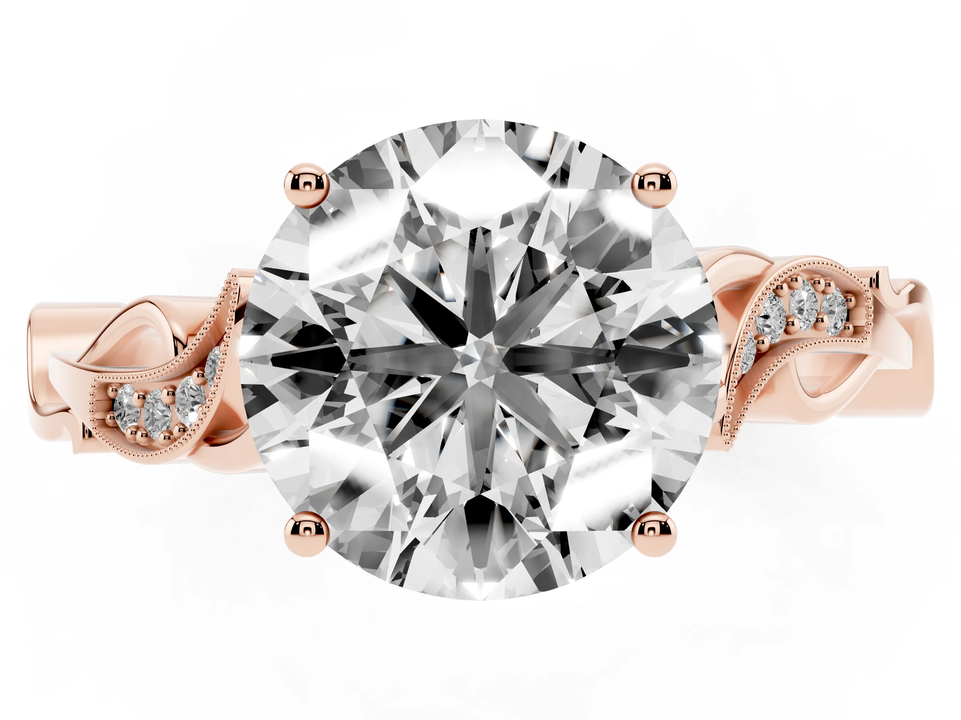 Round Cut Diamond Vine Band Solitaire Ring Set in Rose gold with Milgrain Prong Setting