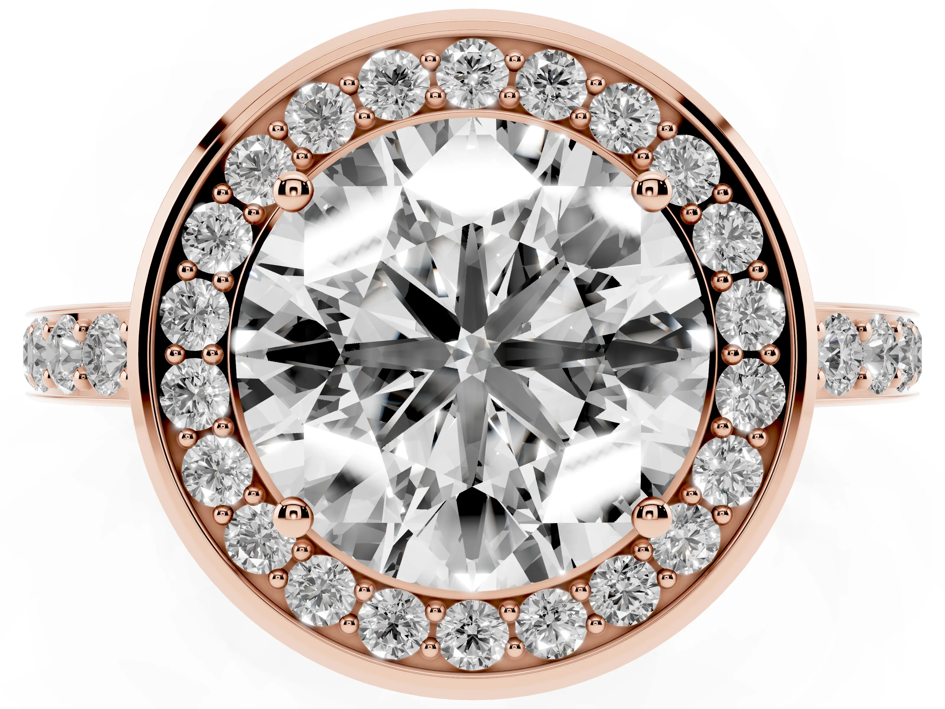 Round Cut Diamond Halo Ring Set in Rose gold with Bezel Frame and Pavé Band