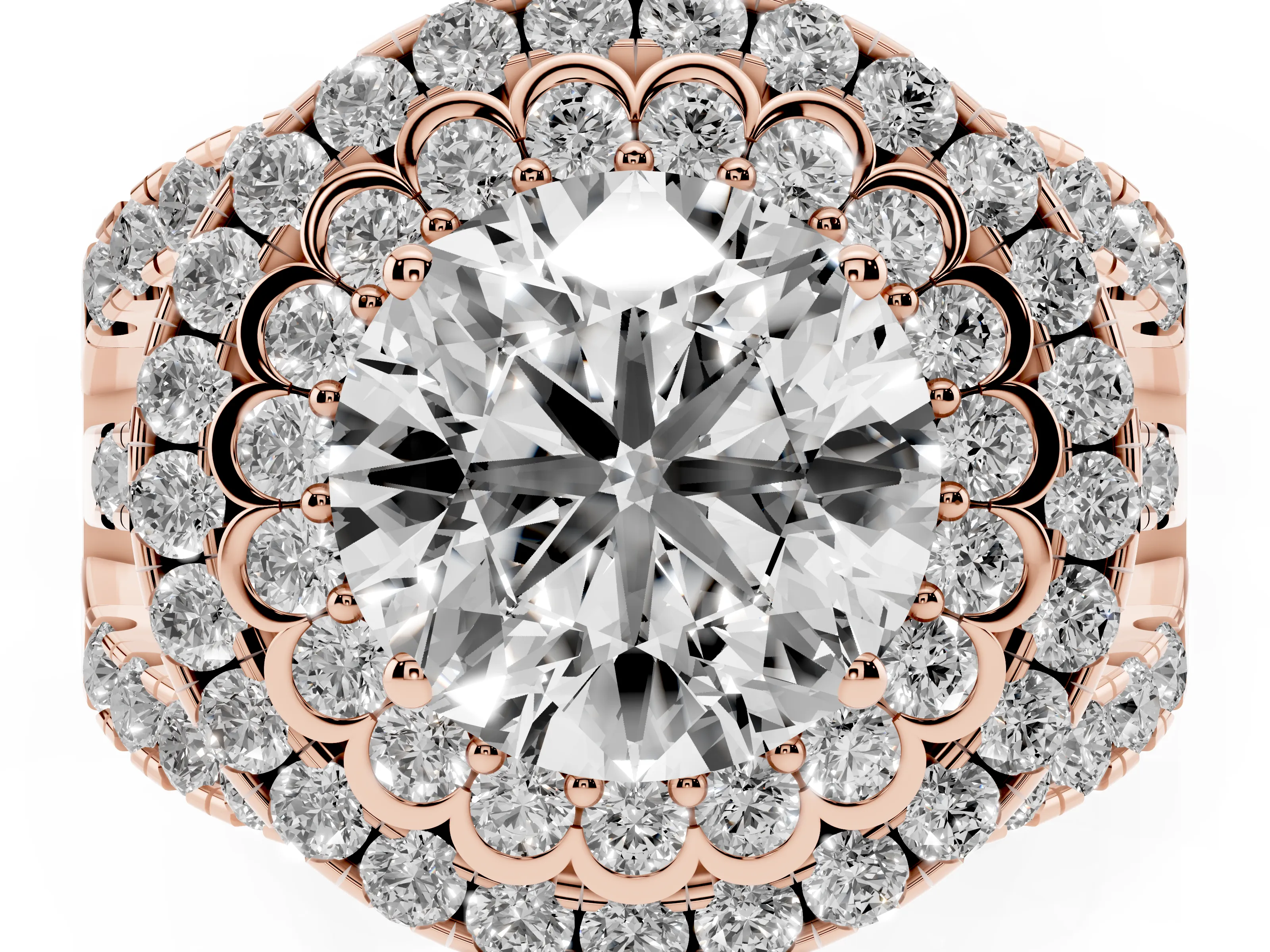 Round Cut Diamond Double Halo Ring Set in Rose gold with Round Pavé Split Shank