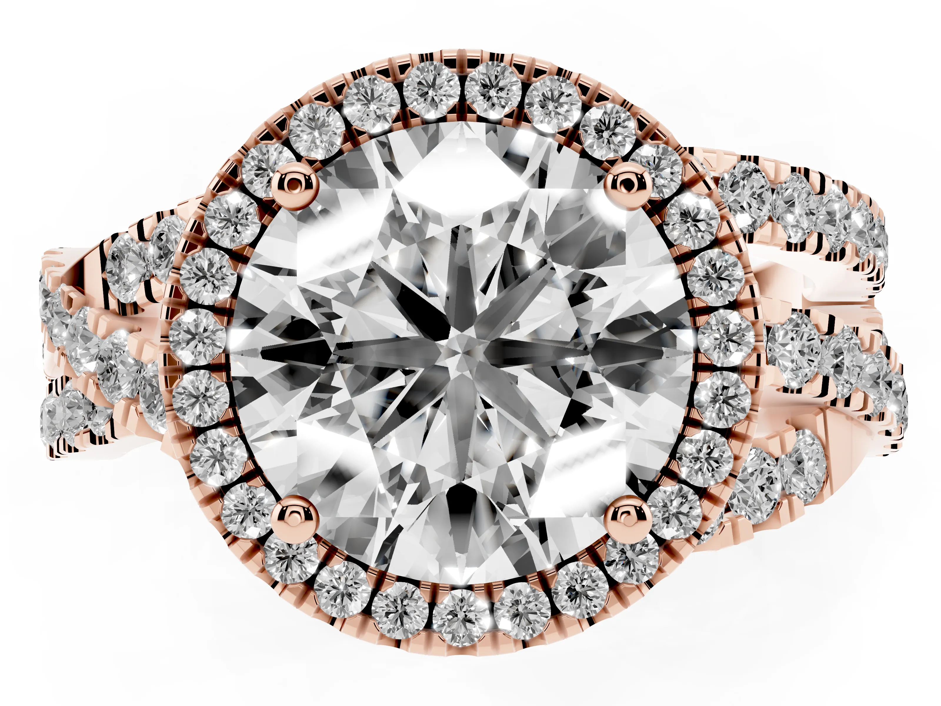 Round Cut Diamond Halo Ring Set in Rose gold with Round Crossover Split Shank and Prong Setting
