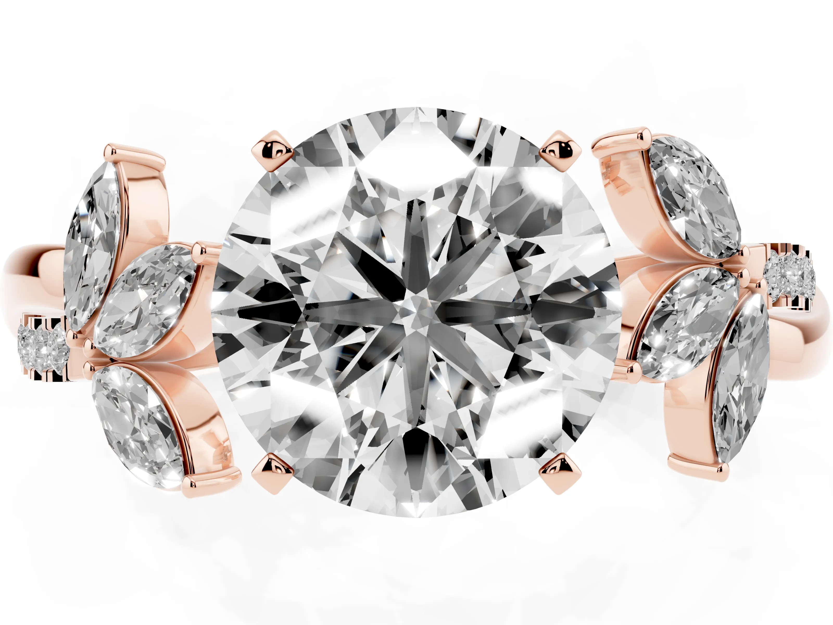 Round Cut Diamond Floral Vine Solitaire Engagement Ring Set in Rose gold with Marquise Leaves