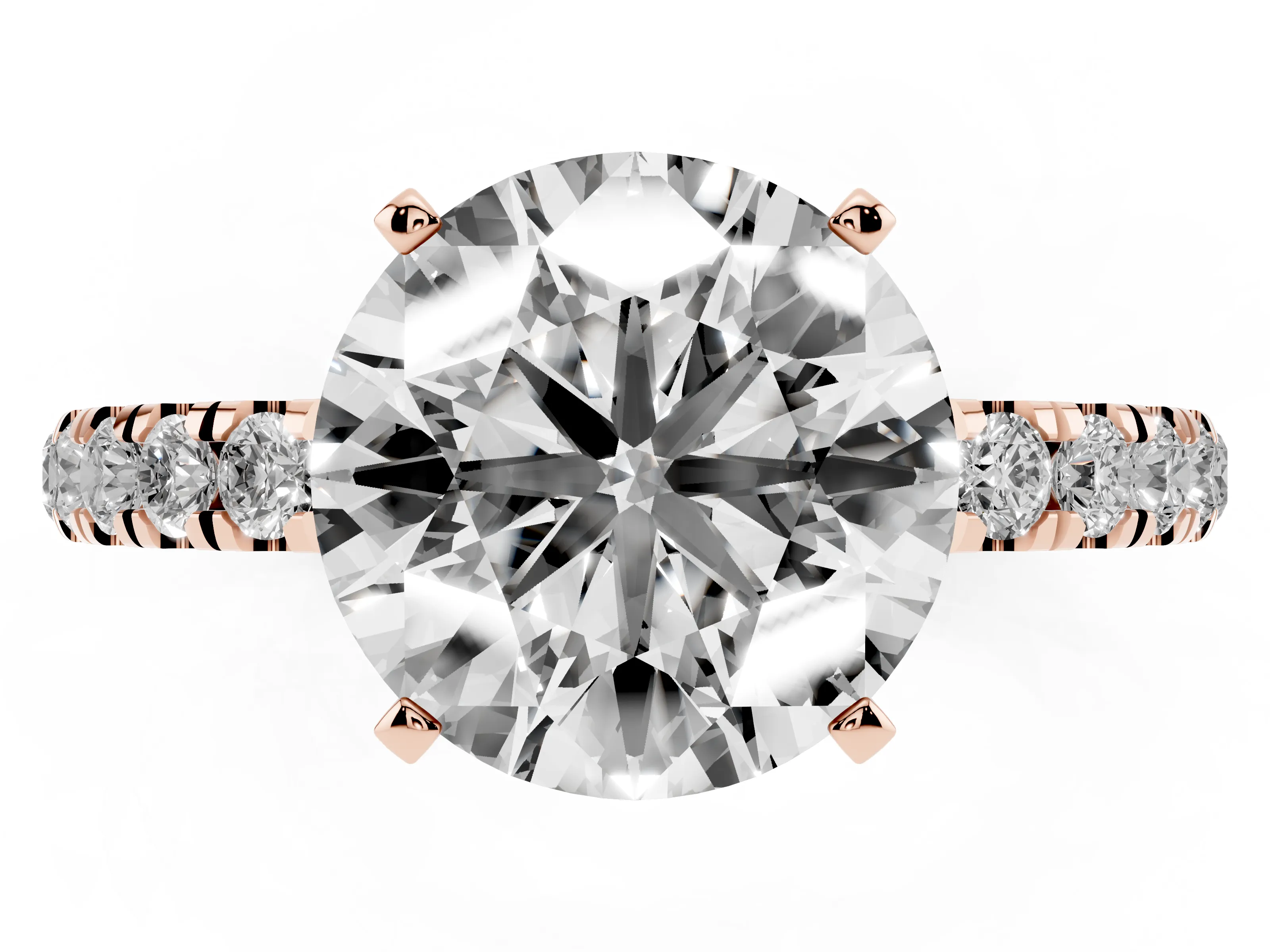 Round Cut Diamond Solitaire Ring Set in Rose gold with Pavé Accents and Prong Setting