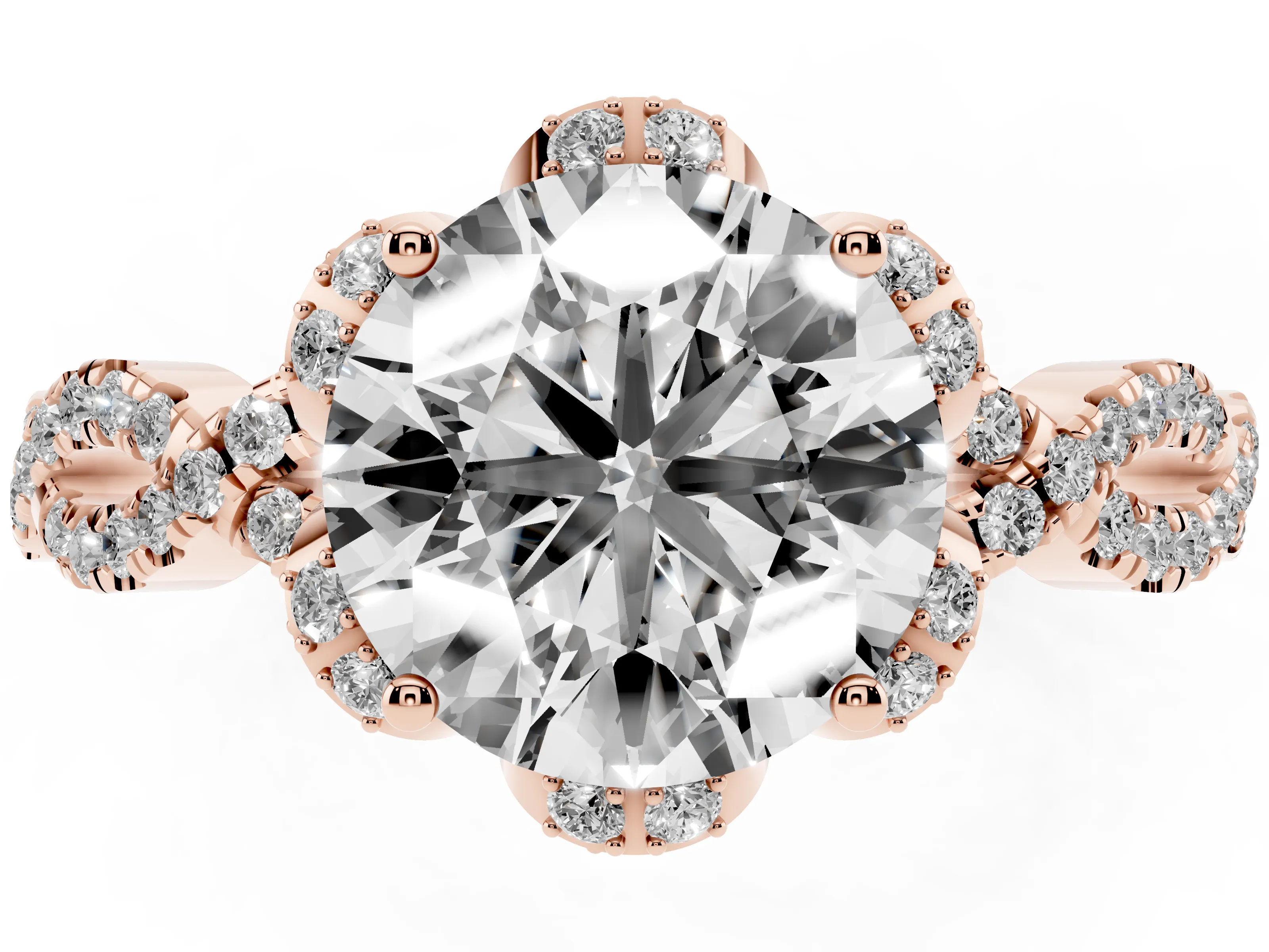 Round Cut Diamond Halo Twist Band Solitaire Ring Set in Rose gold with Prong-Set Center Stone