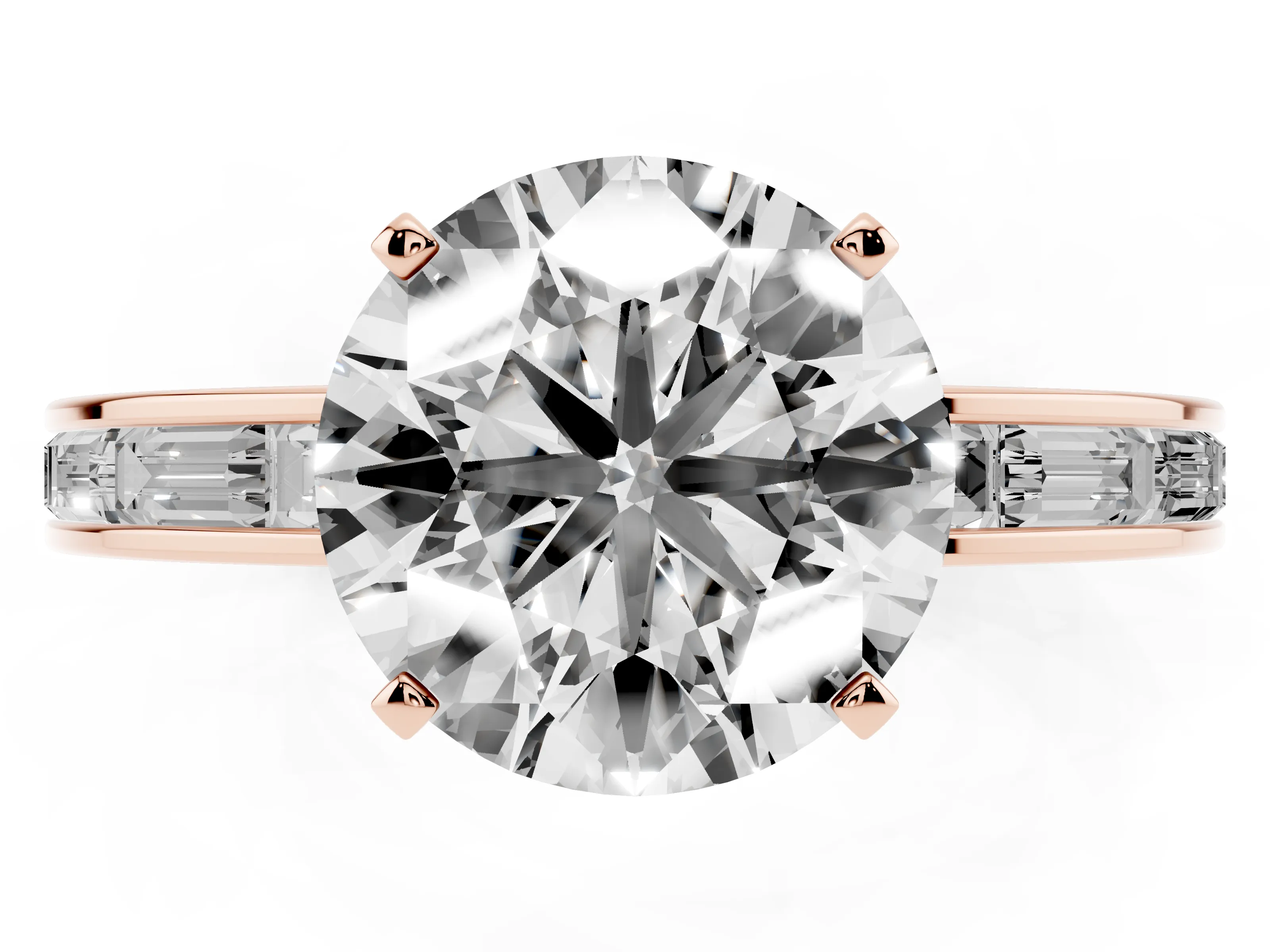 Round Cut Diamond Solitaire Ring Set in Rose gold with Channel-Set Baguette Band and Prong Setting