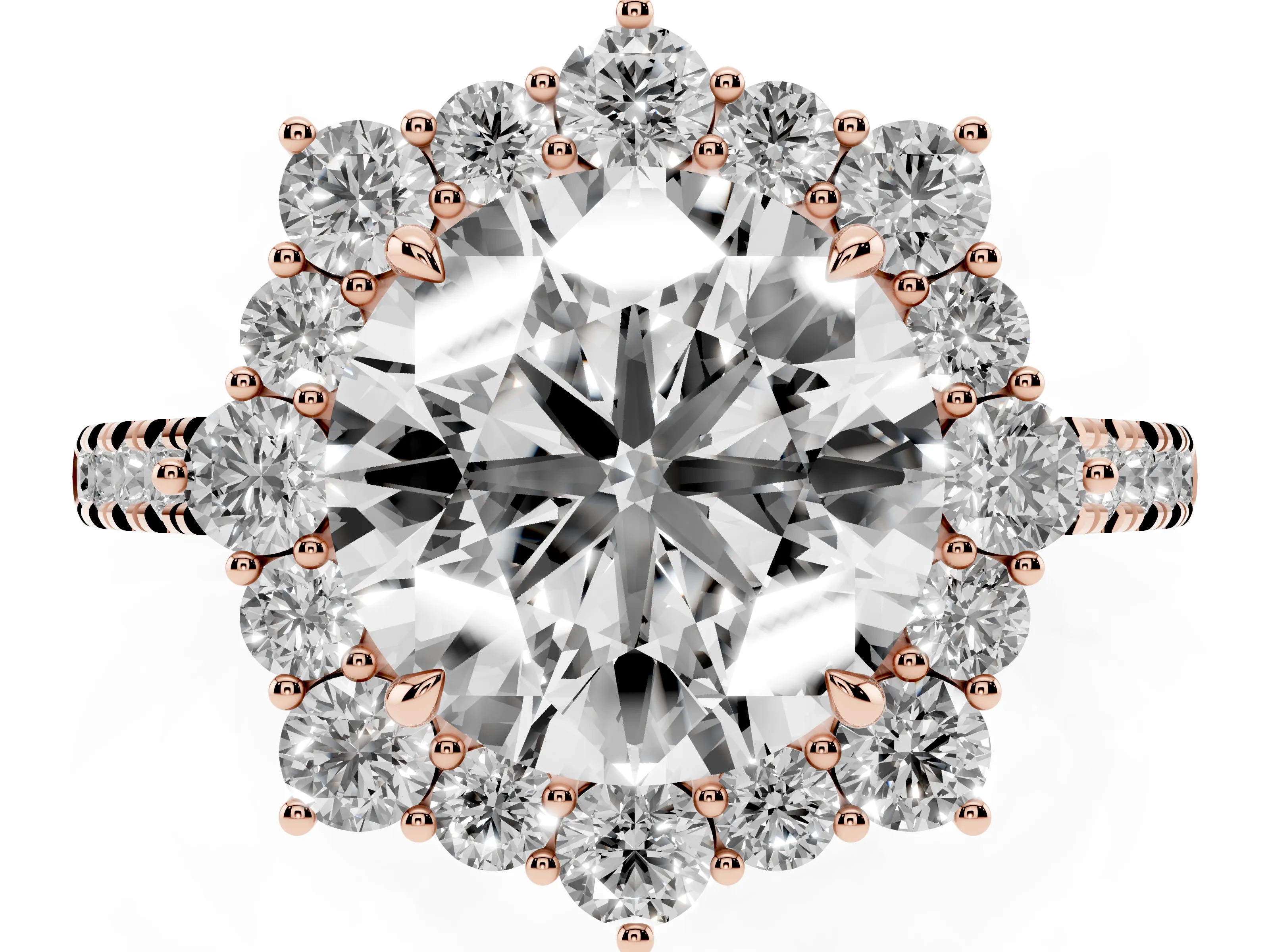 Round Cut Diamond Halo Ring Set in Rose gold with Pavé Band and Prong Setting