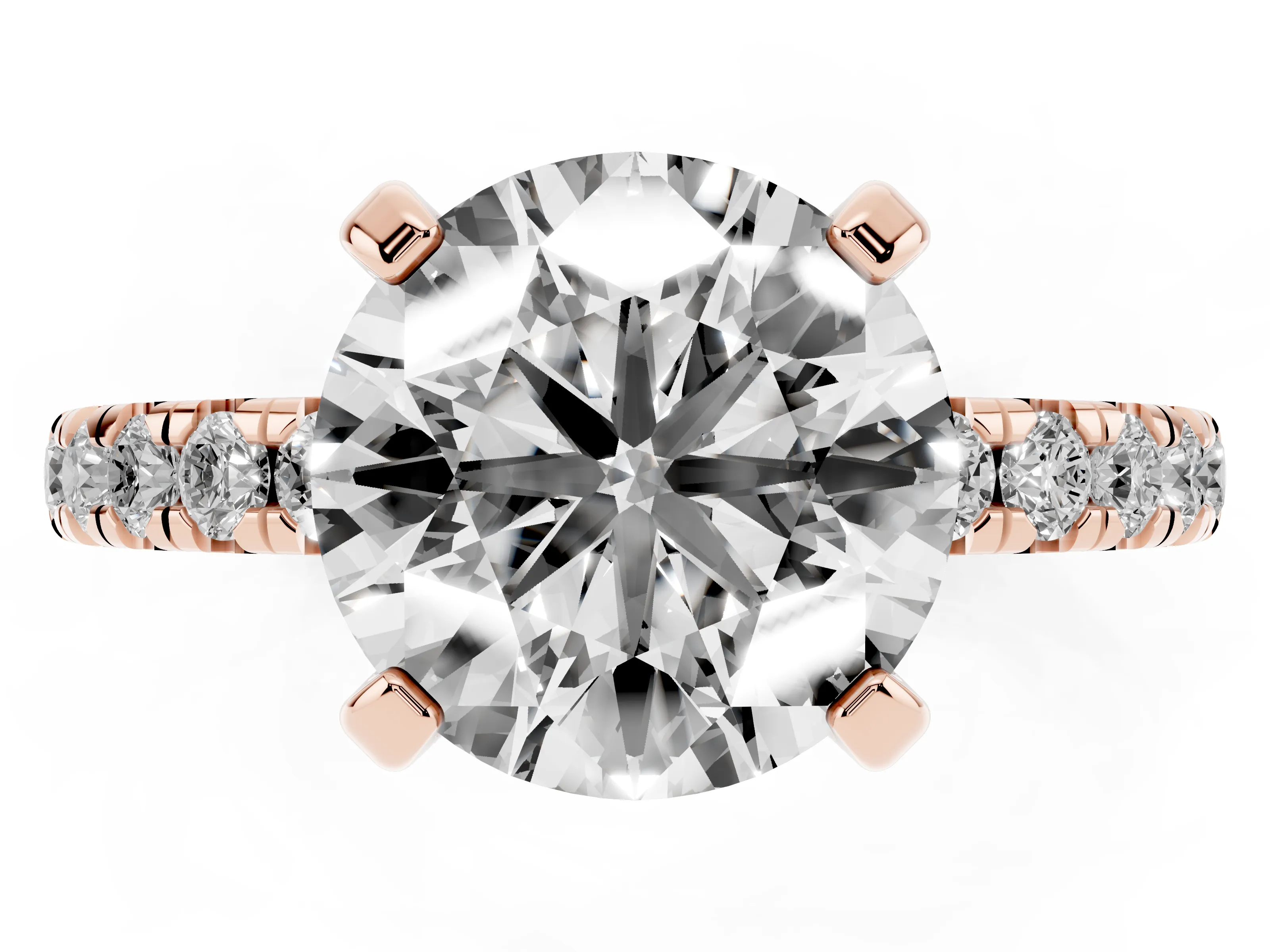 Round Cut Diamond Pavé Solitaire Ring Set in Rose gold with Round Band and Prong Setting