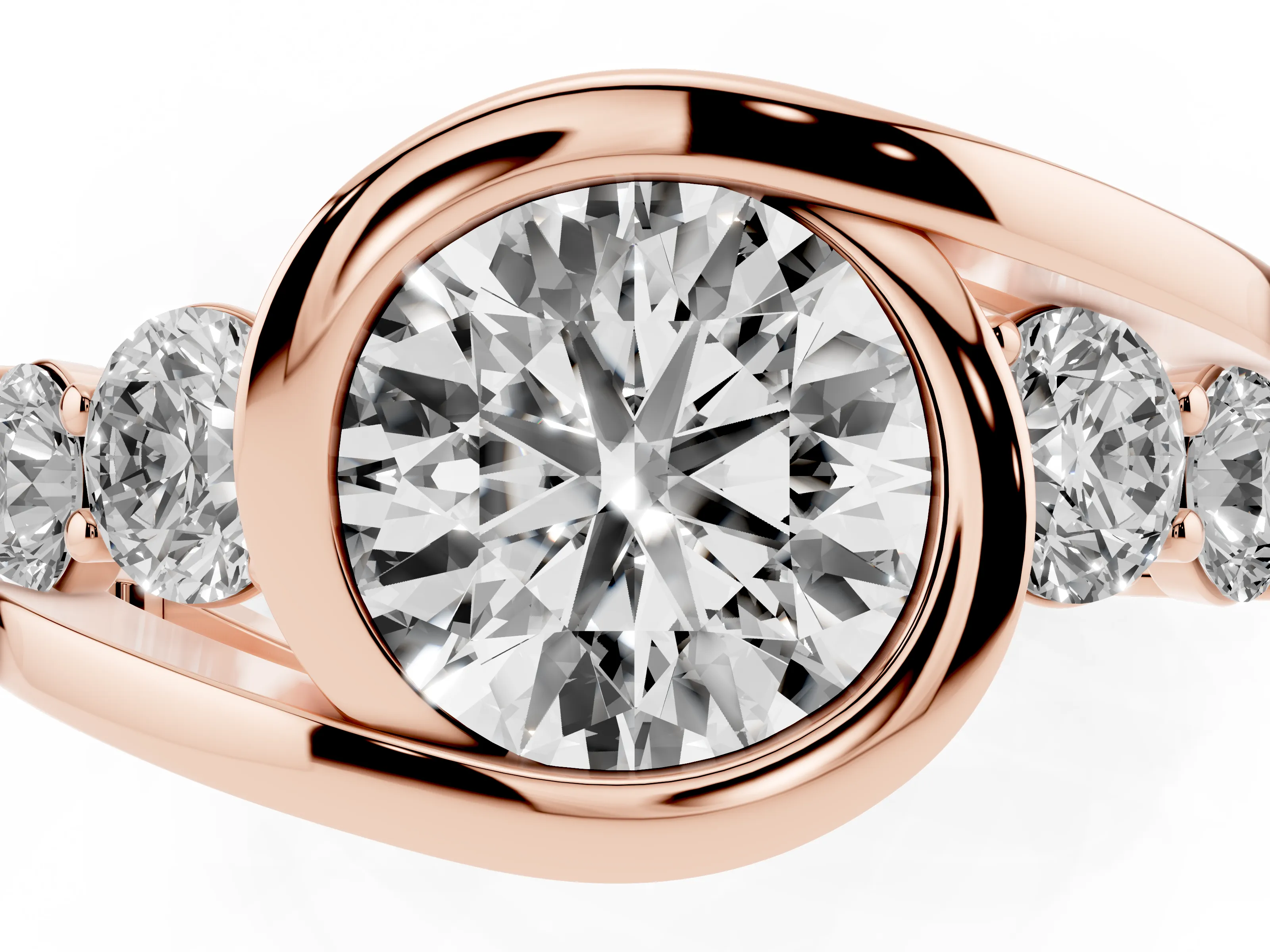 Round Cut Diamond Bezel Bypass Ring Set in Rose gold with Round Accents