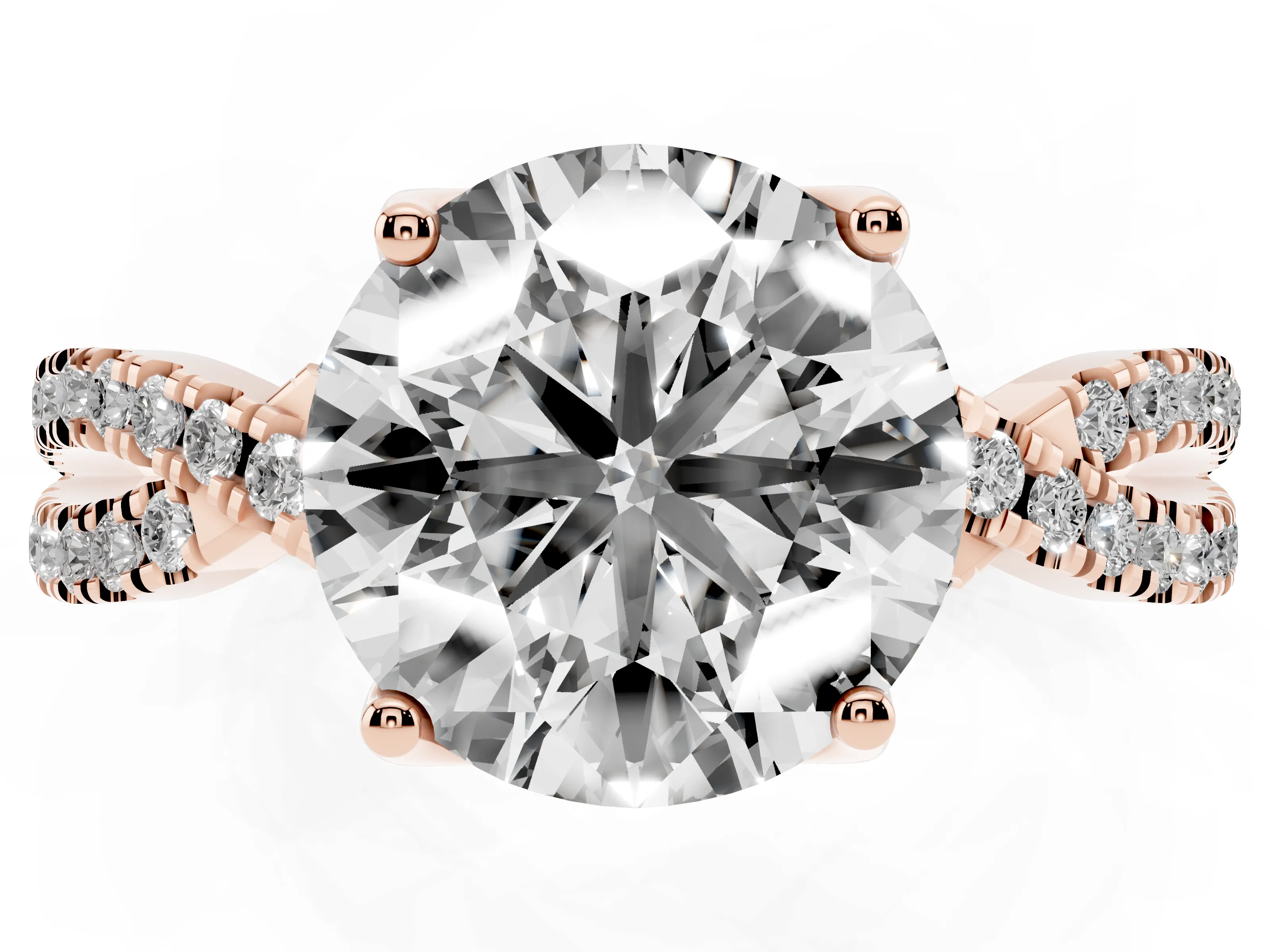 Round Cut Diamond Twist Pavé Solitaire Engagement Ring Set in Rose gold with Prong Setting