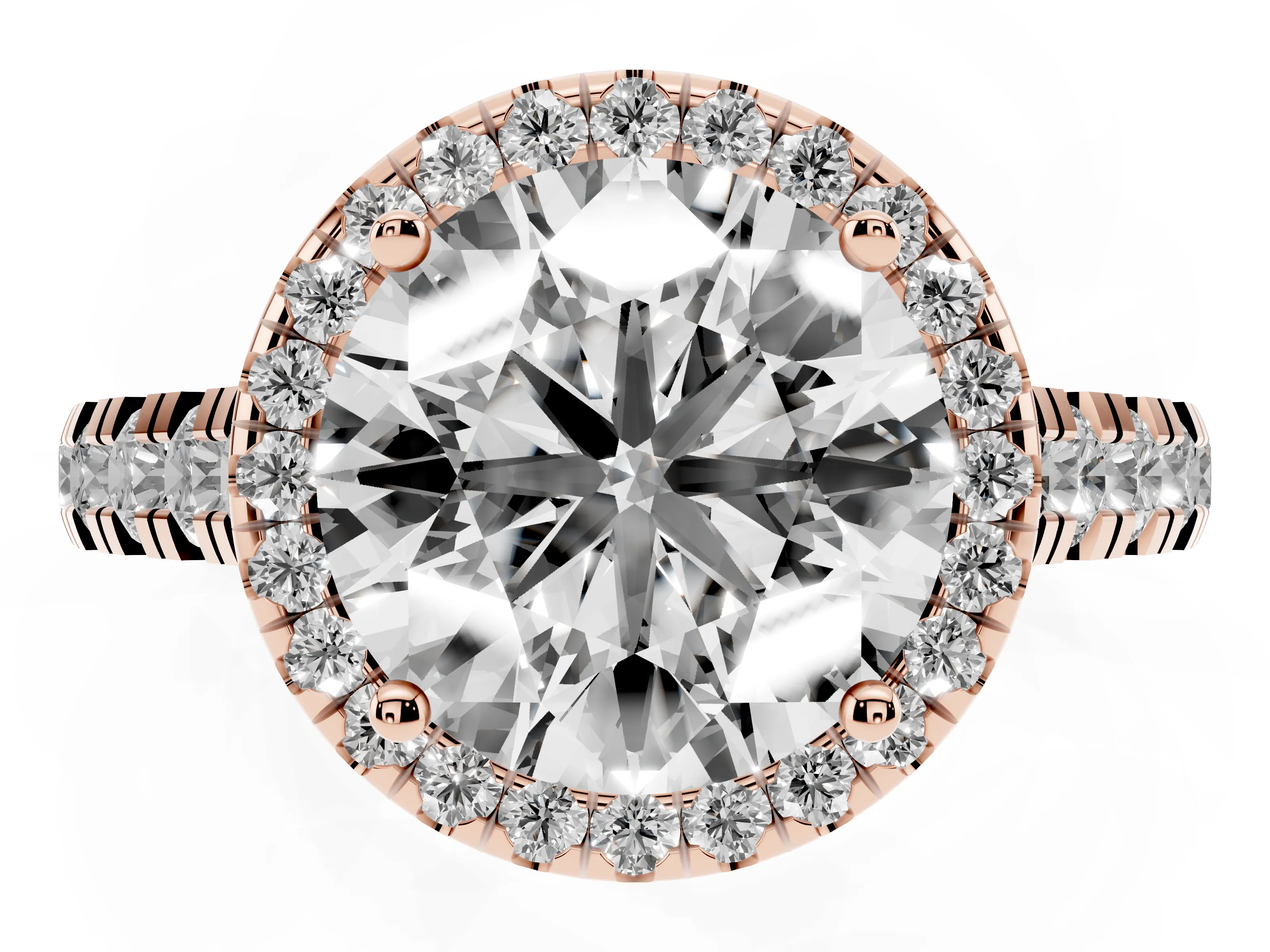 Round Cut Diamond Halo Engagement Ring Set in Rose gold with Pavé Band and Prong-Set Center