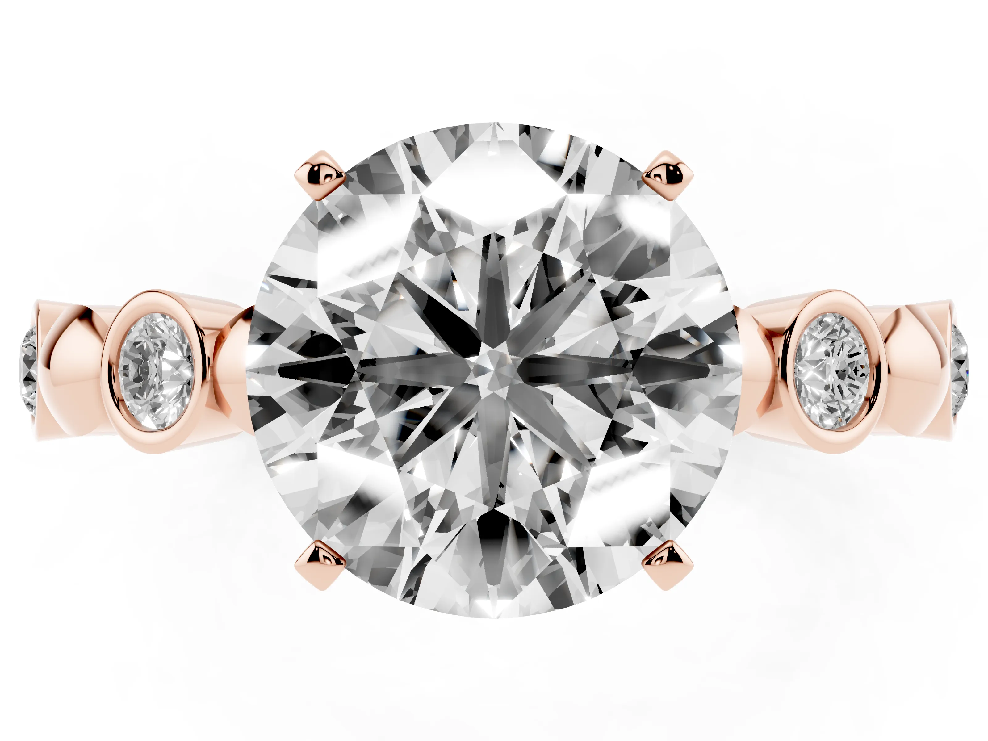 Round Cut Diamond Solitaire Ring Set in Rose gold with Bezel-Set Accents on Beaded Band and Prong Setting