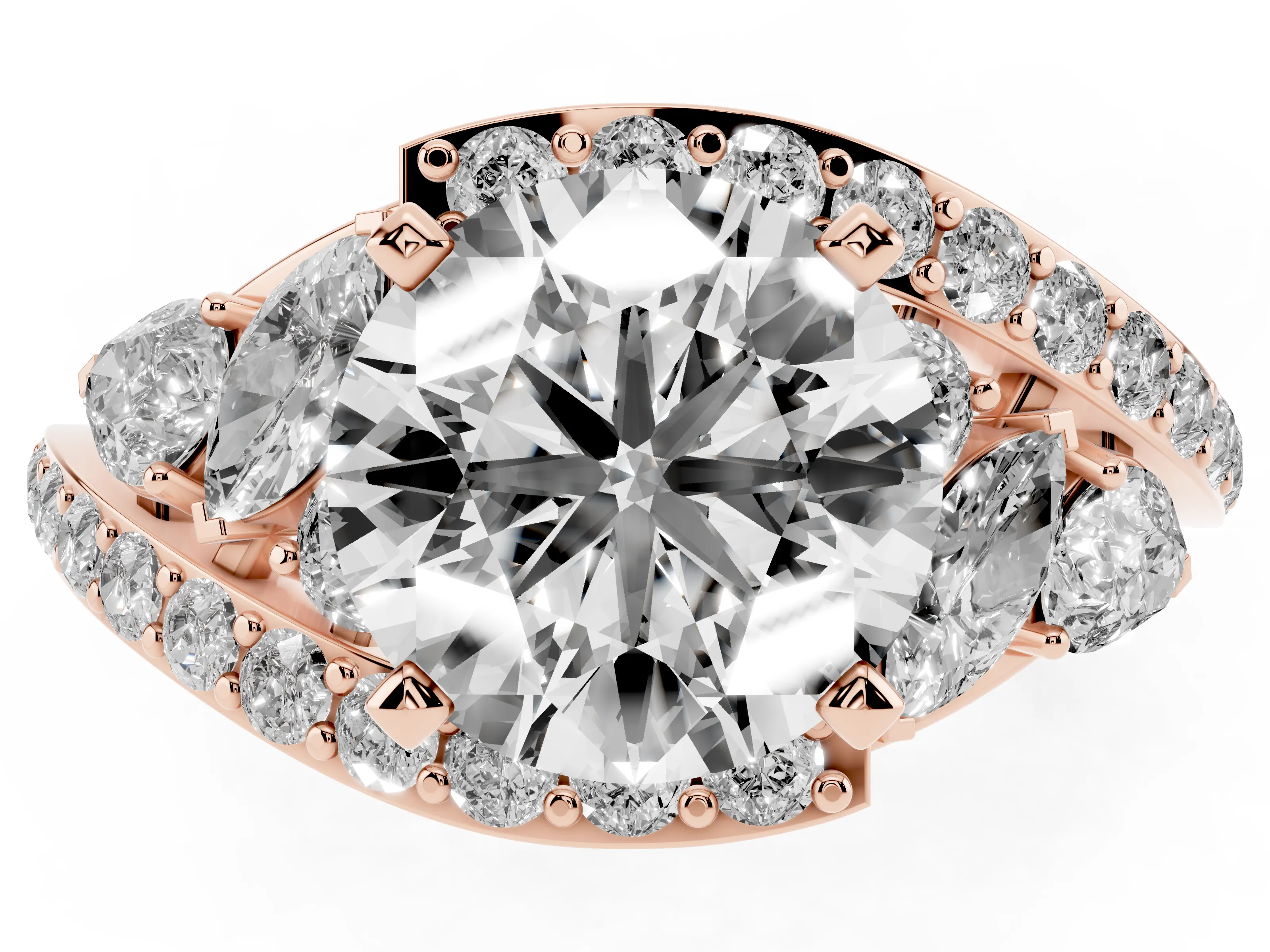 Round Cut Diamond Halo Ring Set in Rose gold with Marquise and Pavé Band in Prong Setting