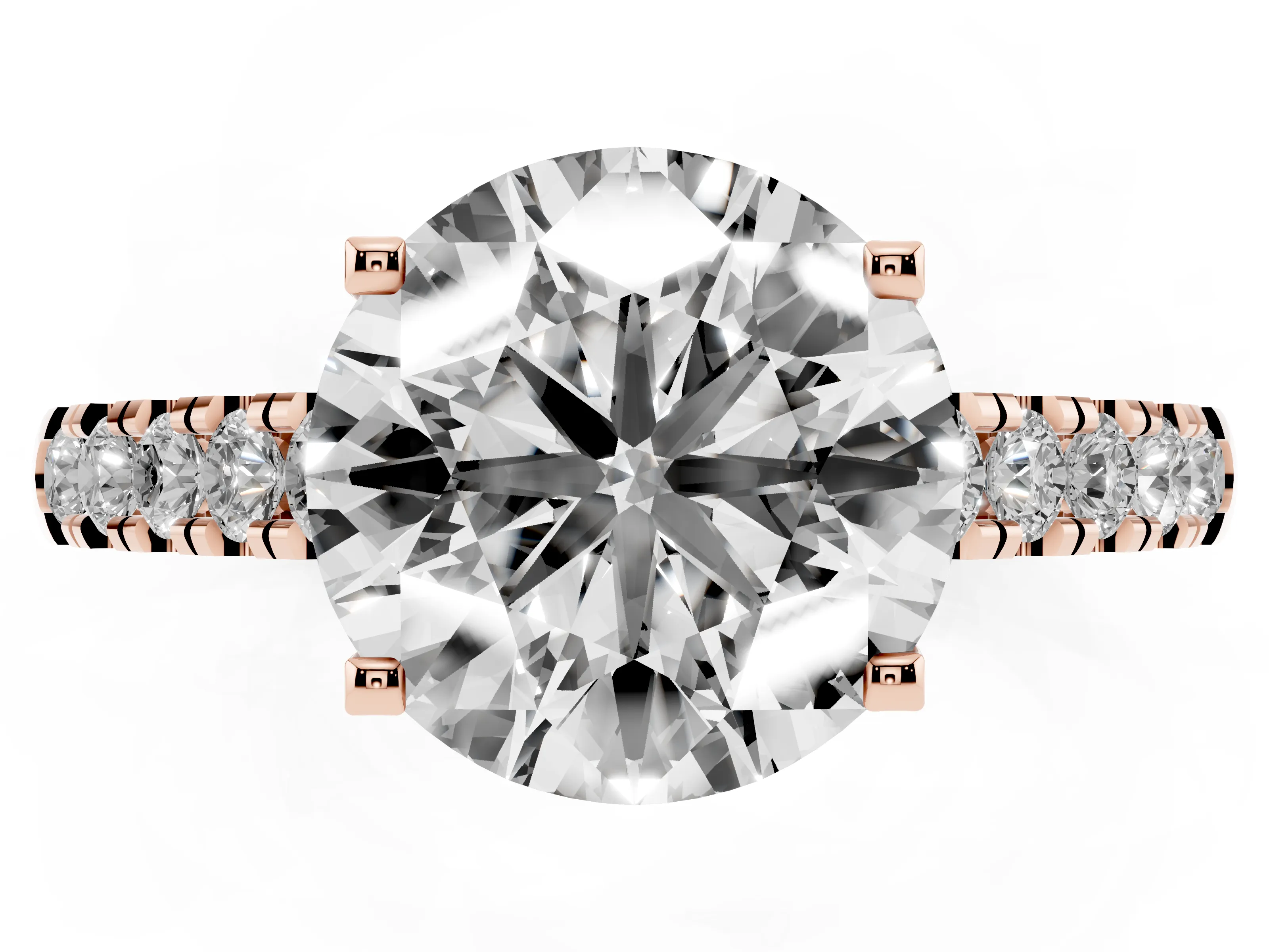 Round Cut Diamond Pavé Band Solitaire Ring Set in Rose gold with Partway Accent Stones and Prong Setting