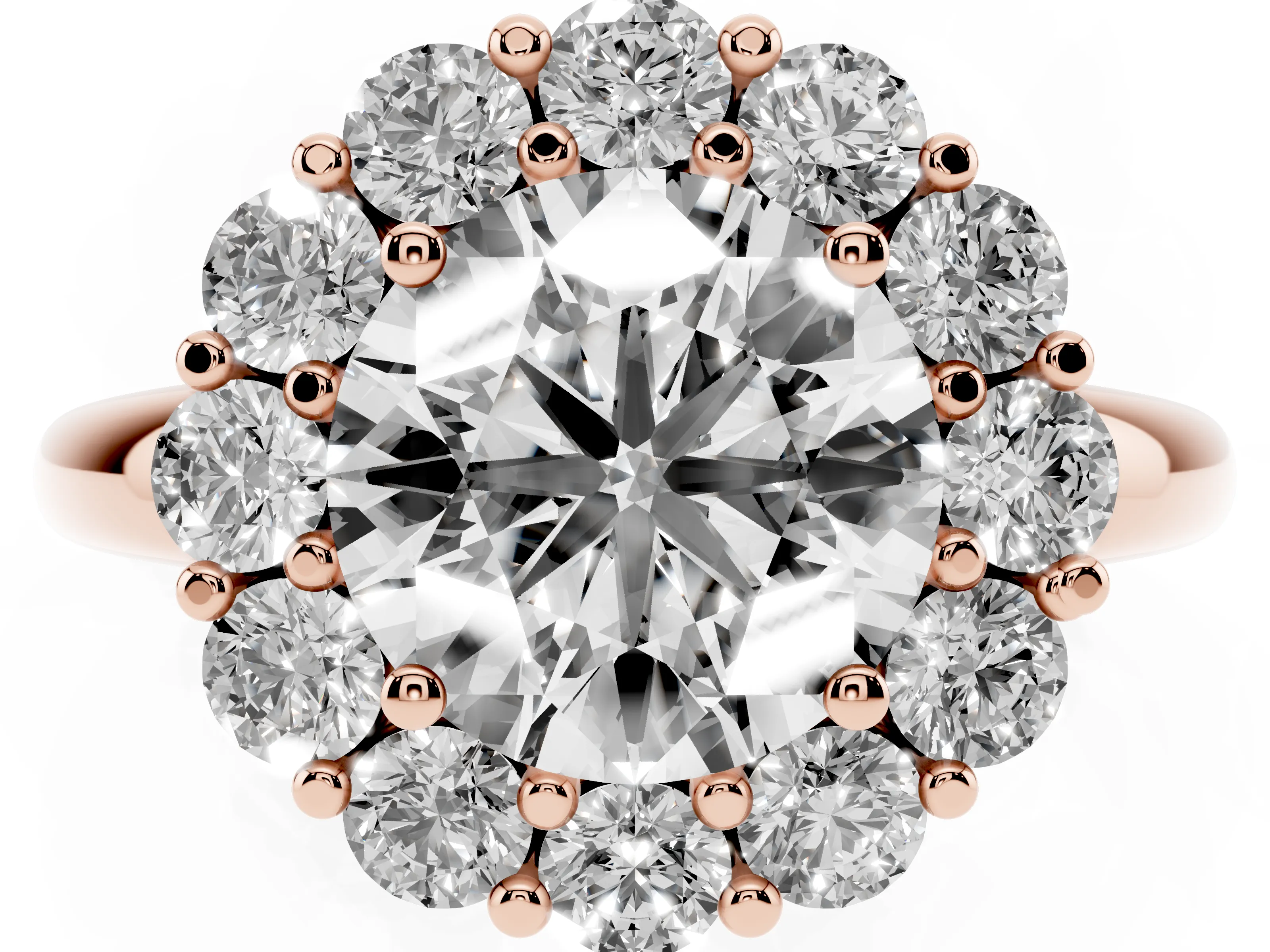 Round Cut Diamond Halo Cluster Engagement Ring Set in Rose gold with Polished Band and Prong Setting