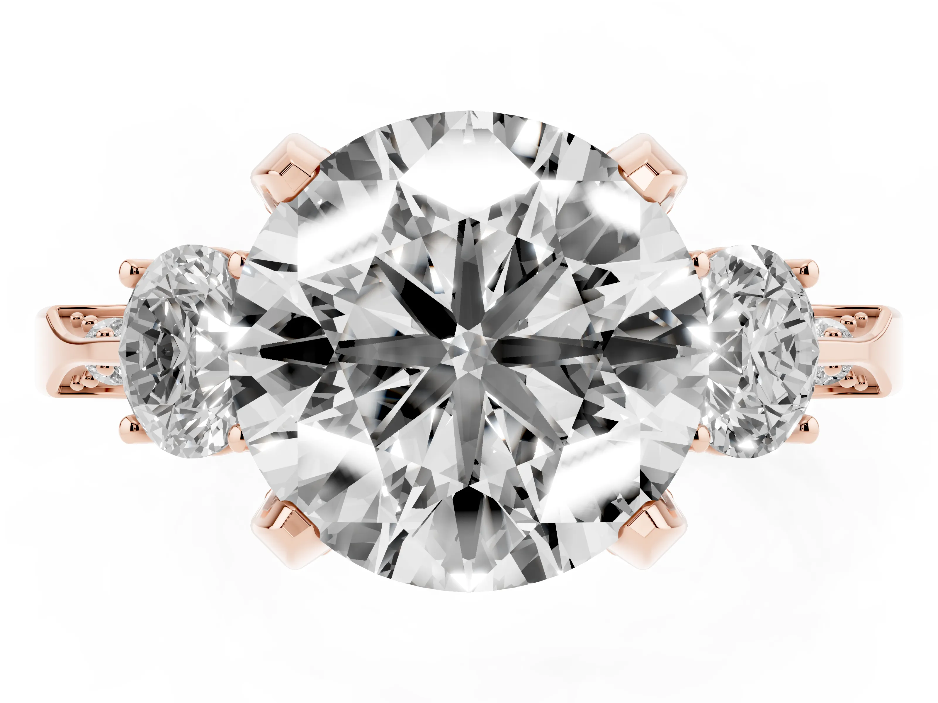 Round Cut Diamond Three-Stone Ring Set in Rose gold with Pavé Band and Smaller Side Stones