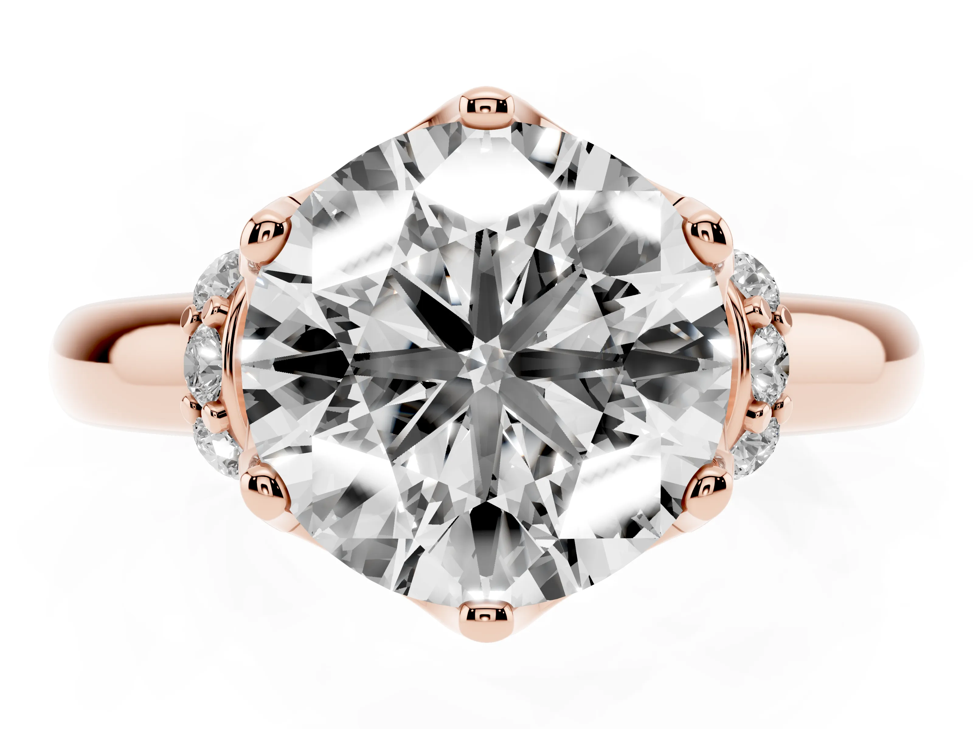 Round Cut Diamond Cathedral Solitaire Engagement Ring Set in Rose gold with Pavé Accents
