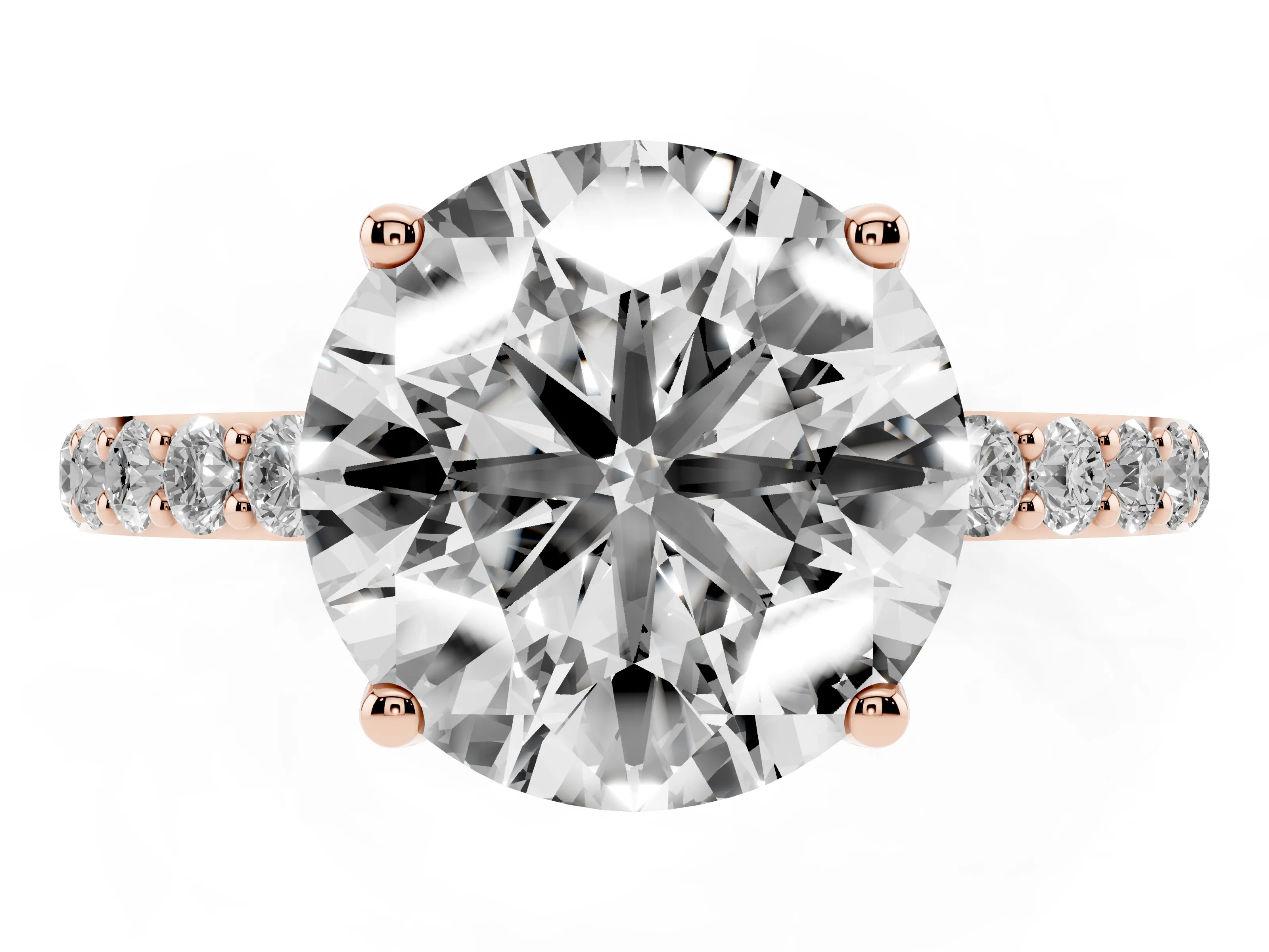 Round Cut Diamond Solitaire Engagement Ring Set in Rose gold with Round Pavé Band and Prong Setting