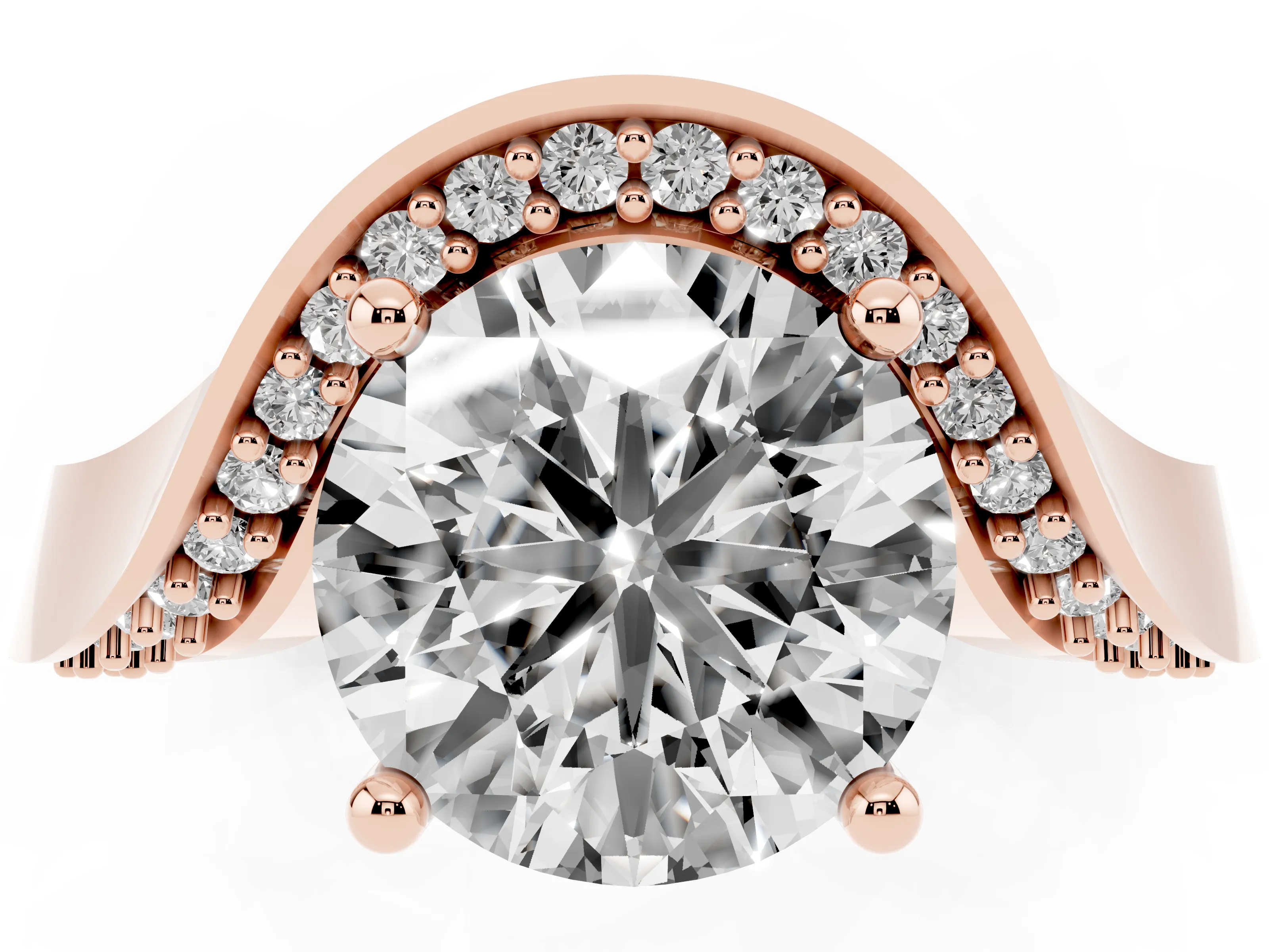 Round Cut Diamond Solitaire Engagement Ring Set in Rose gold with Pavé Shoulders
