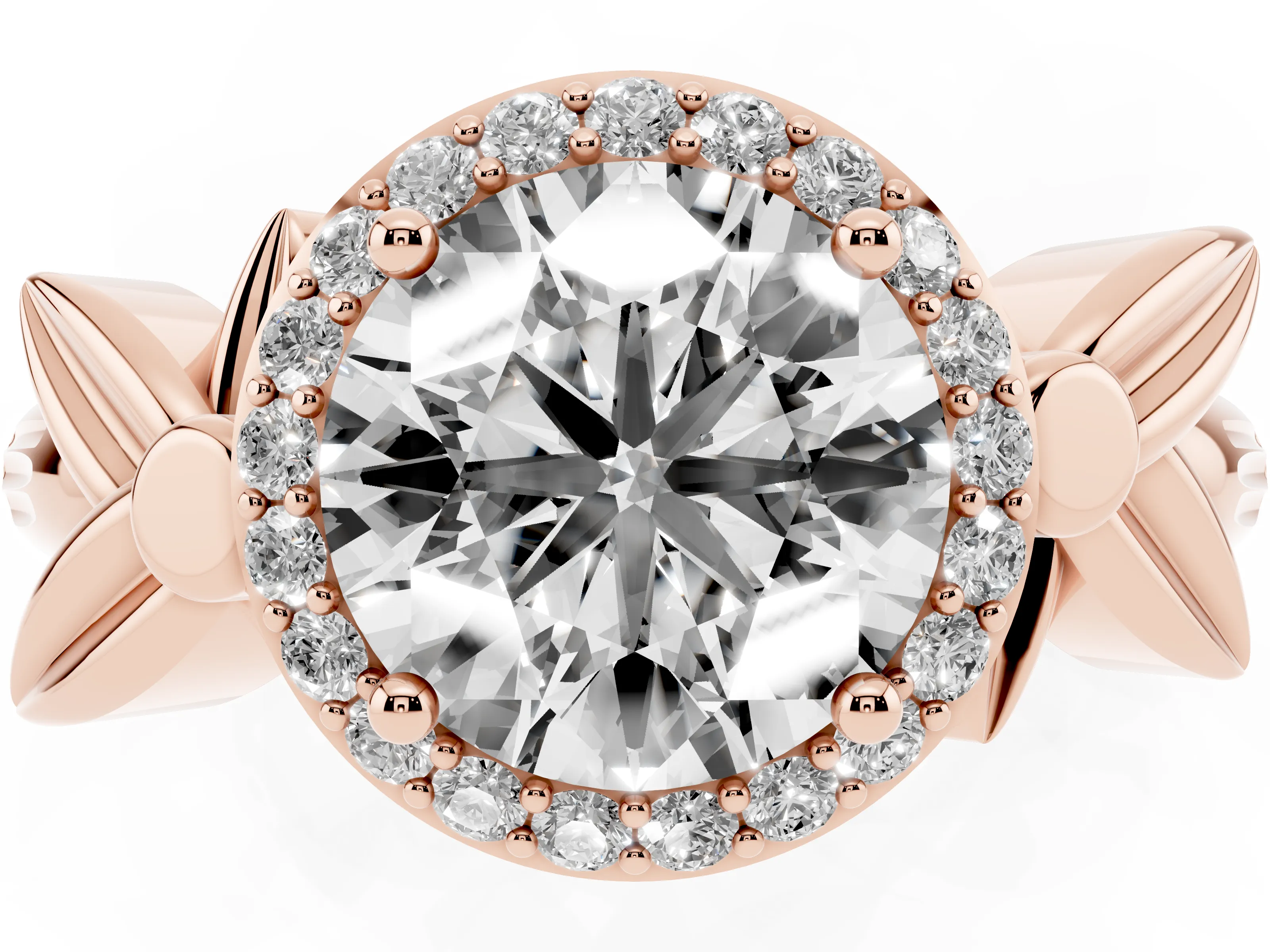 Round Cut Diamond Halo Floral Band Ring Set in Rose gold with Prong Setting