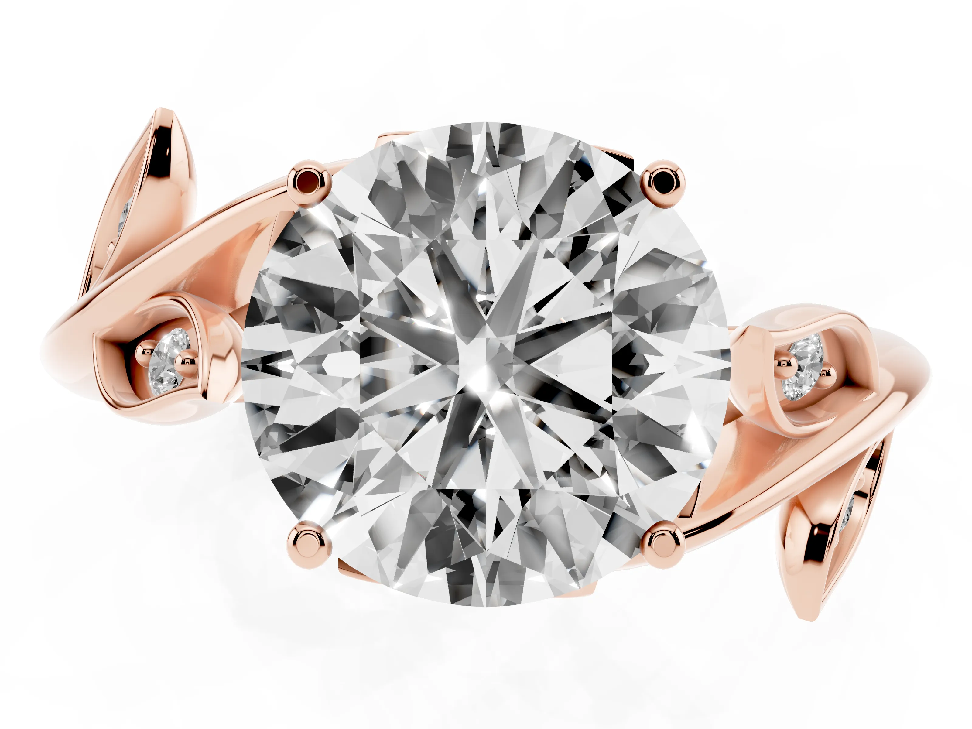 Round Cut Diamond Solitaire Twist Engagement Ring Set in Rose gold with Pavé Leaf Accents