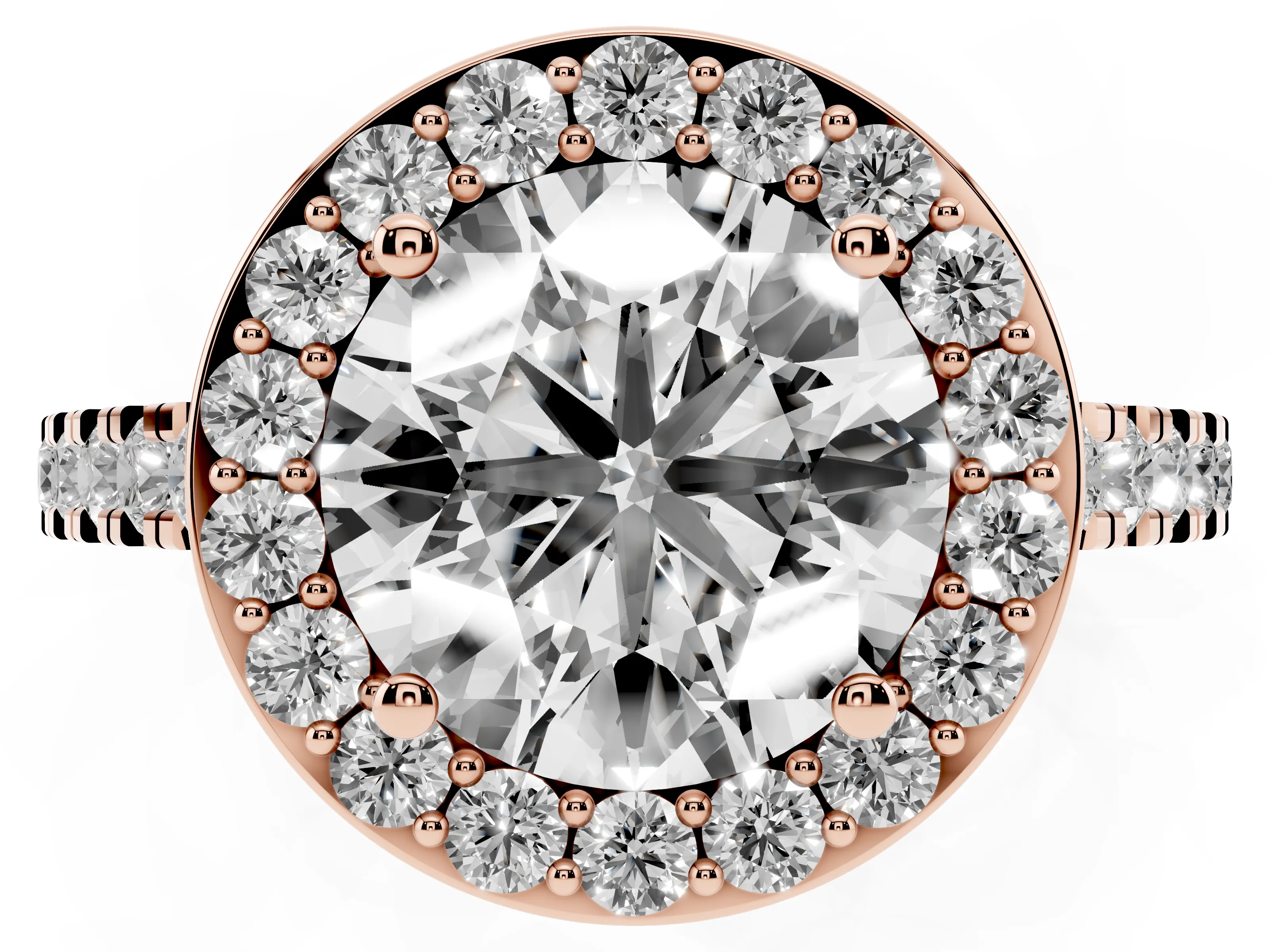 Round Cut Diamond Halo Ring Set in Rose gold with Round Pavé Split Shank and Prong Setting