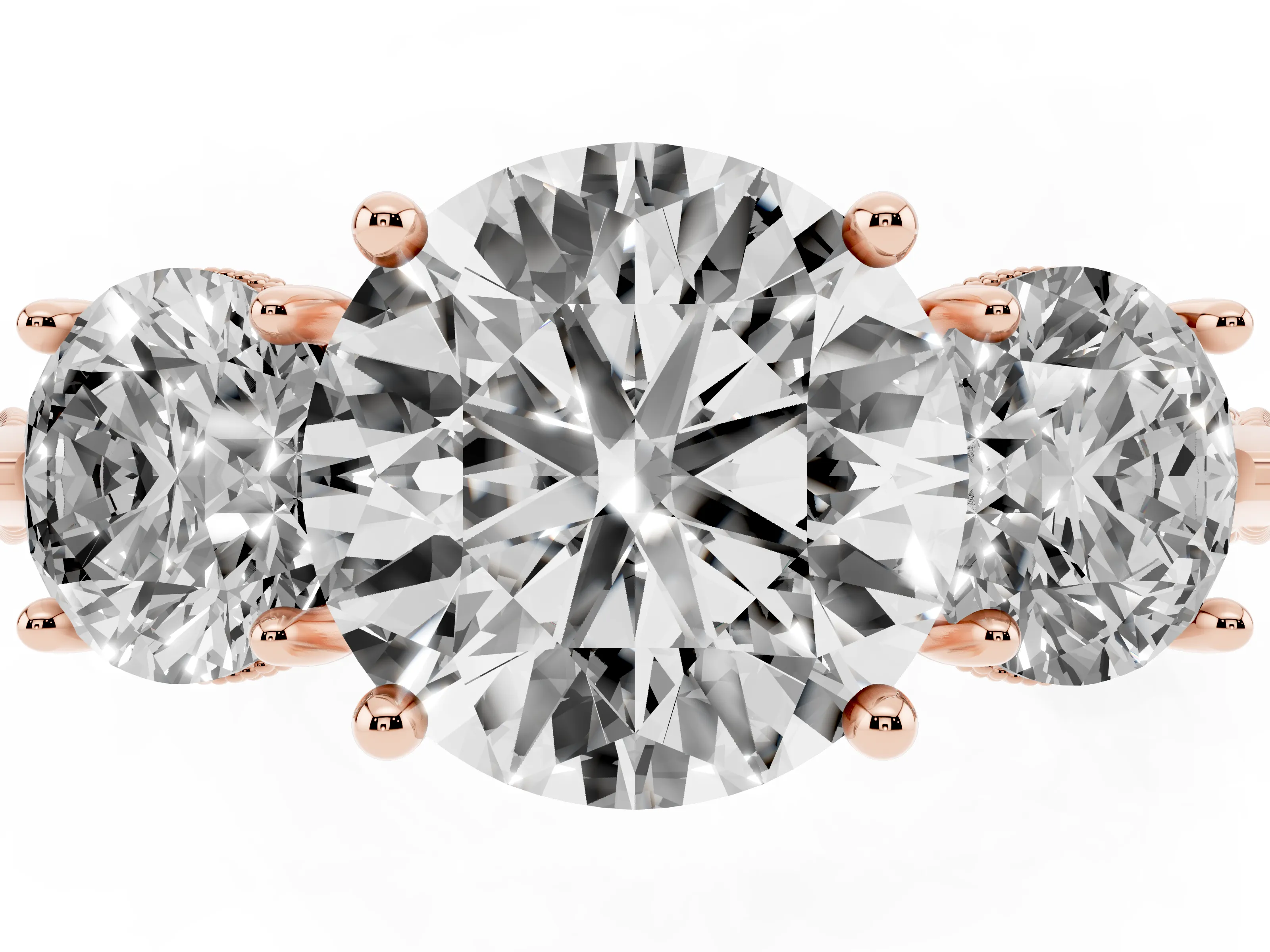 Round Cut Diamond Three-Stone Ring Set in Rose gold with Milgrain Band