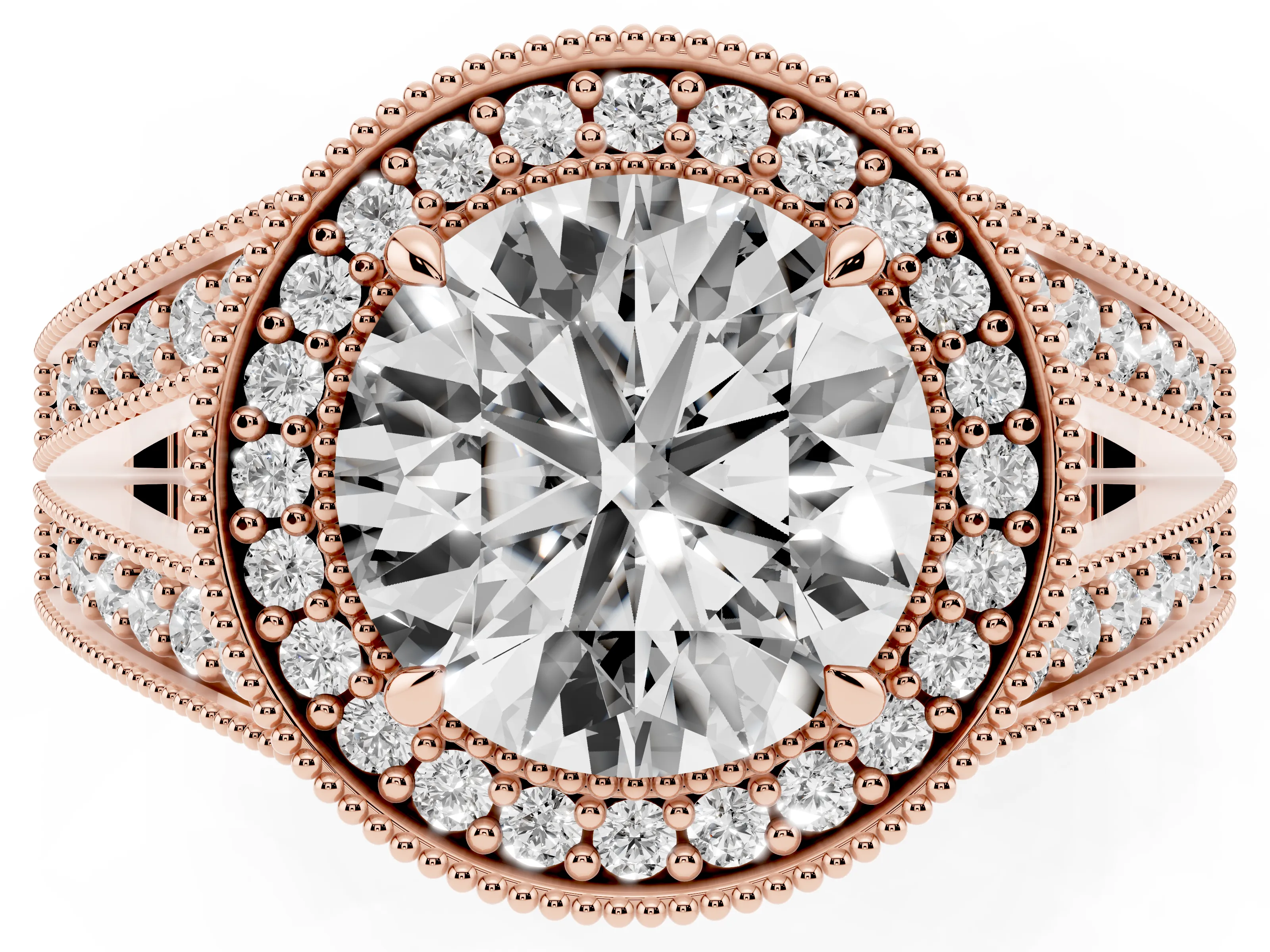 Round Cut Diamond Halo Ring Set in Rose gold with Stone-Set Split Shank and Milgrain Edges