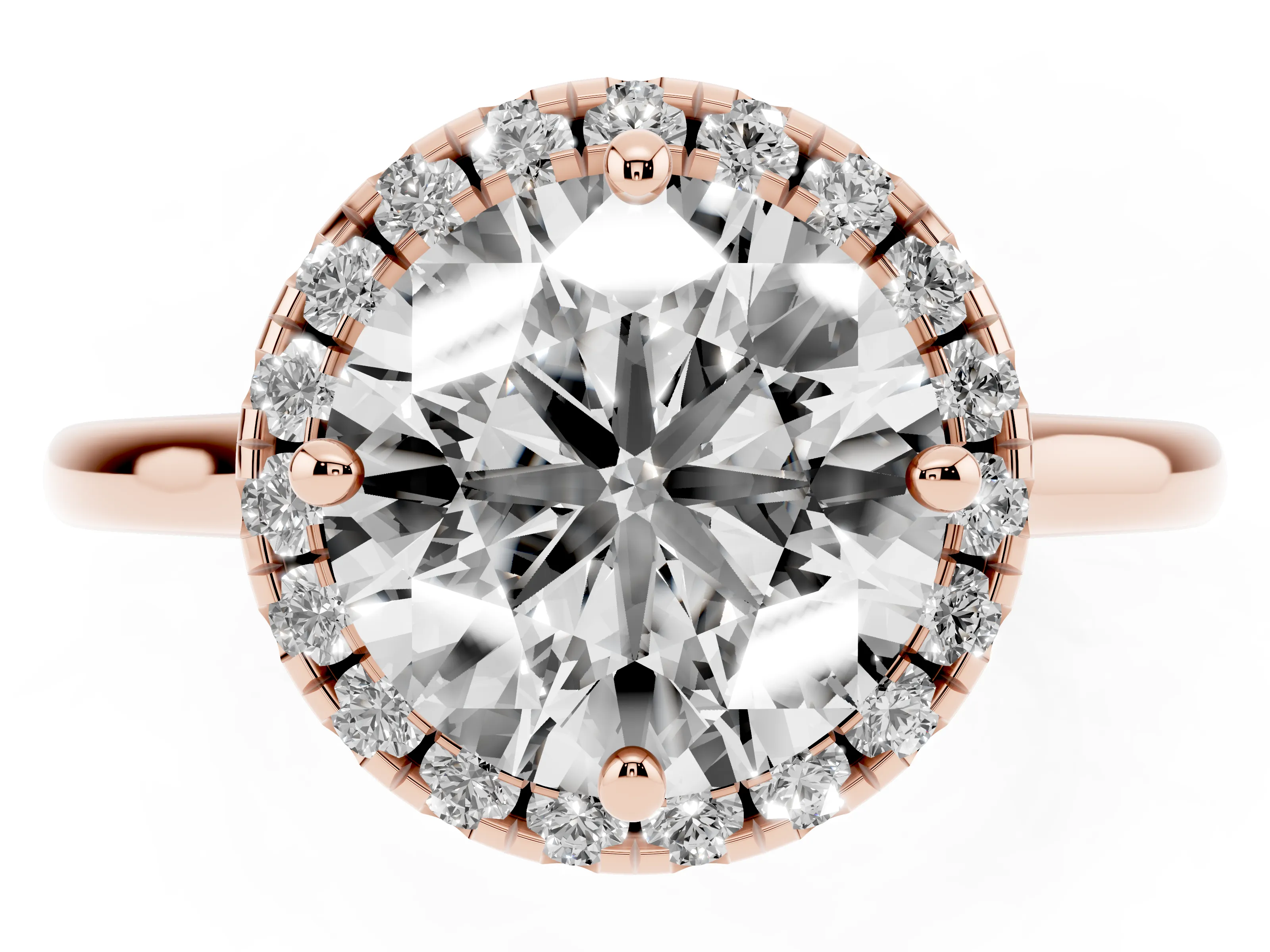 Round Cut Diamond Halo Engagement Ring Set in Rose gold with Pavé Band and Rising Shoulders