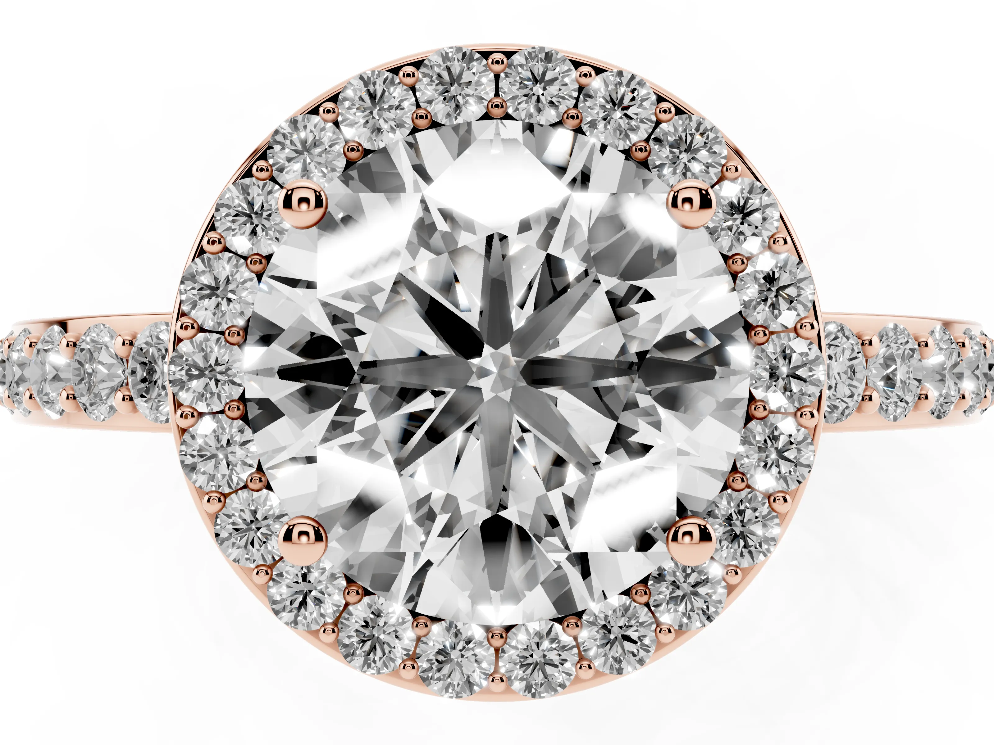 Round Cut Diamond Halo Ring Set in Rose gold with Pavé-Setting Band and Open Prong Center