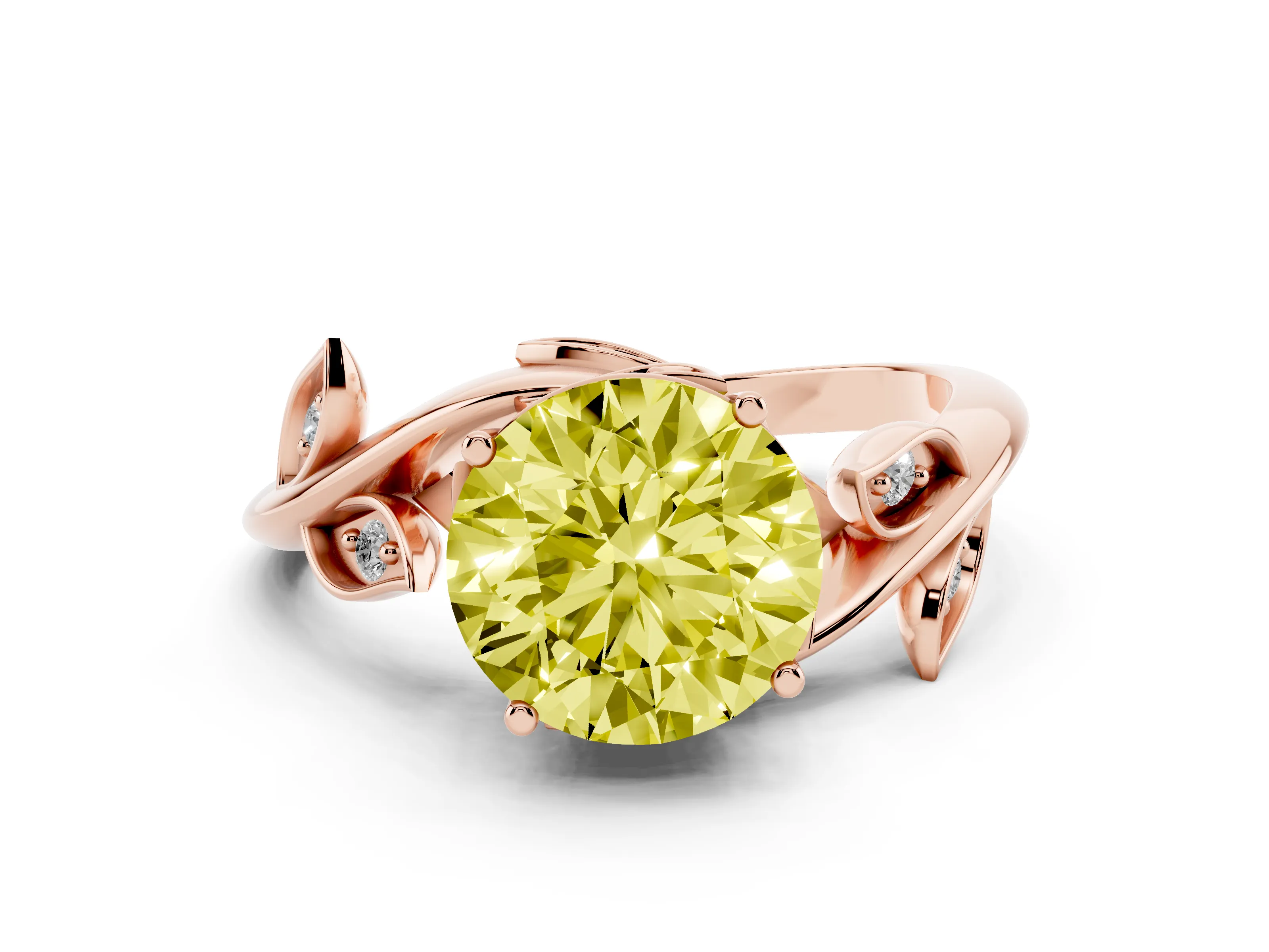 Fancy Yellow Round Cut Diamond Solitaire Twist Engagement Ring Set in Rose gold with Pavé Leaf Accents