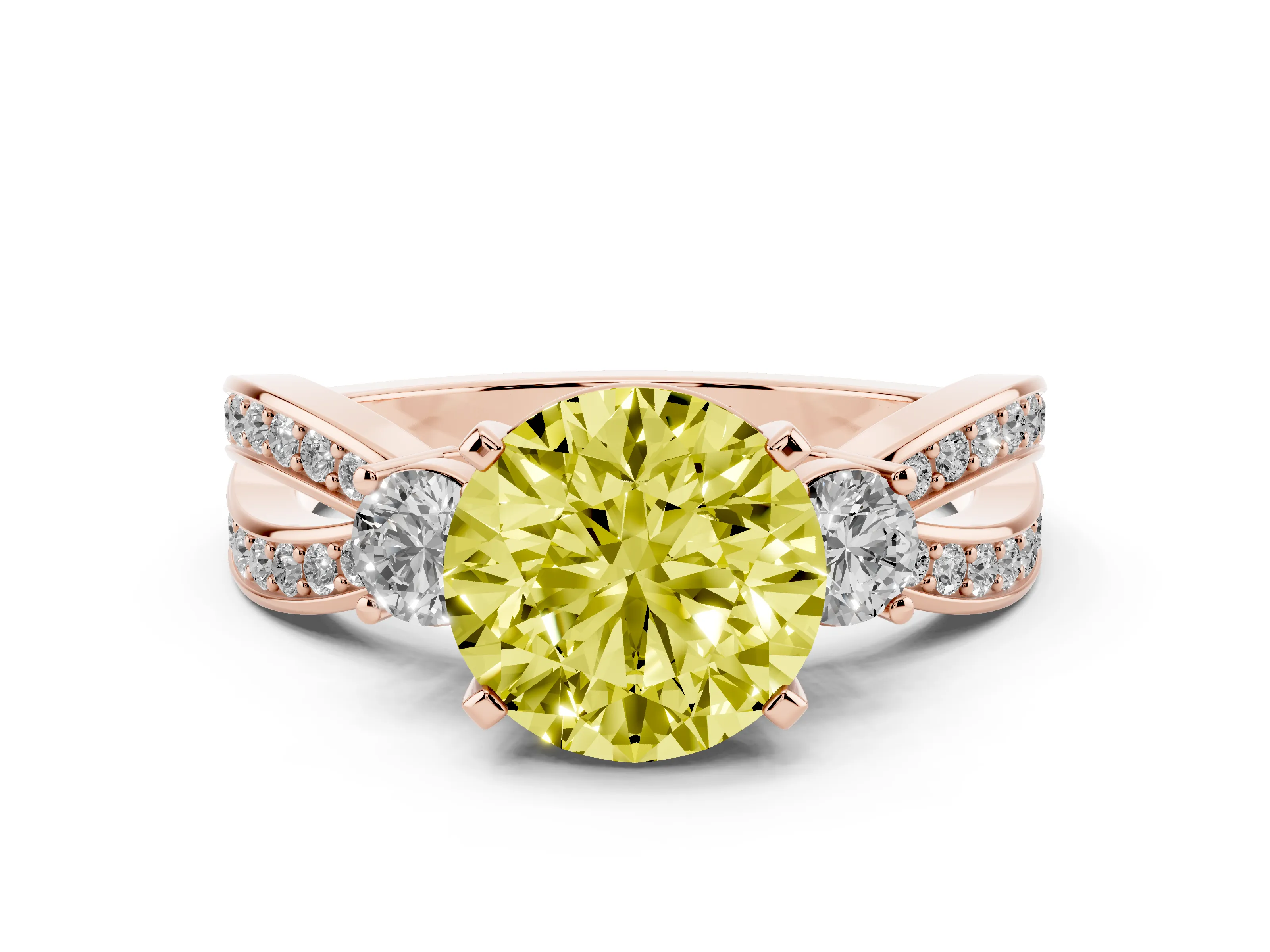 Fancy Yellow Three-Stone Round Cut Diamond Twist Band Ring Set in Rose gold with Pavé Accents and Prong Setting