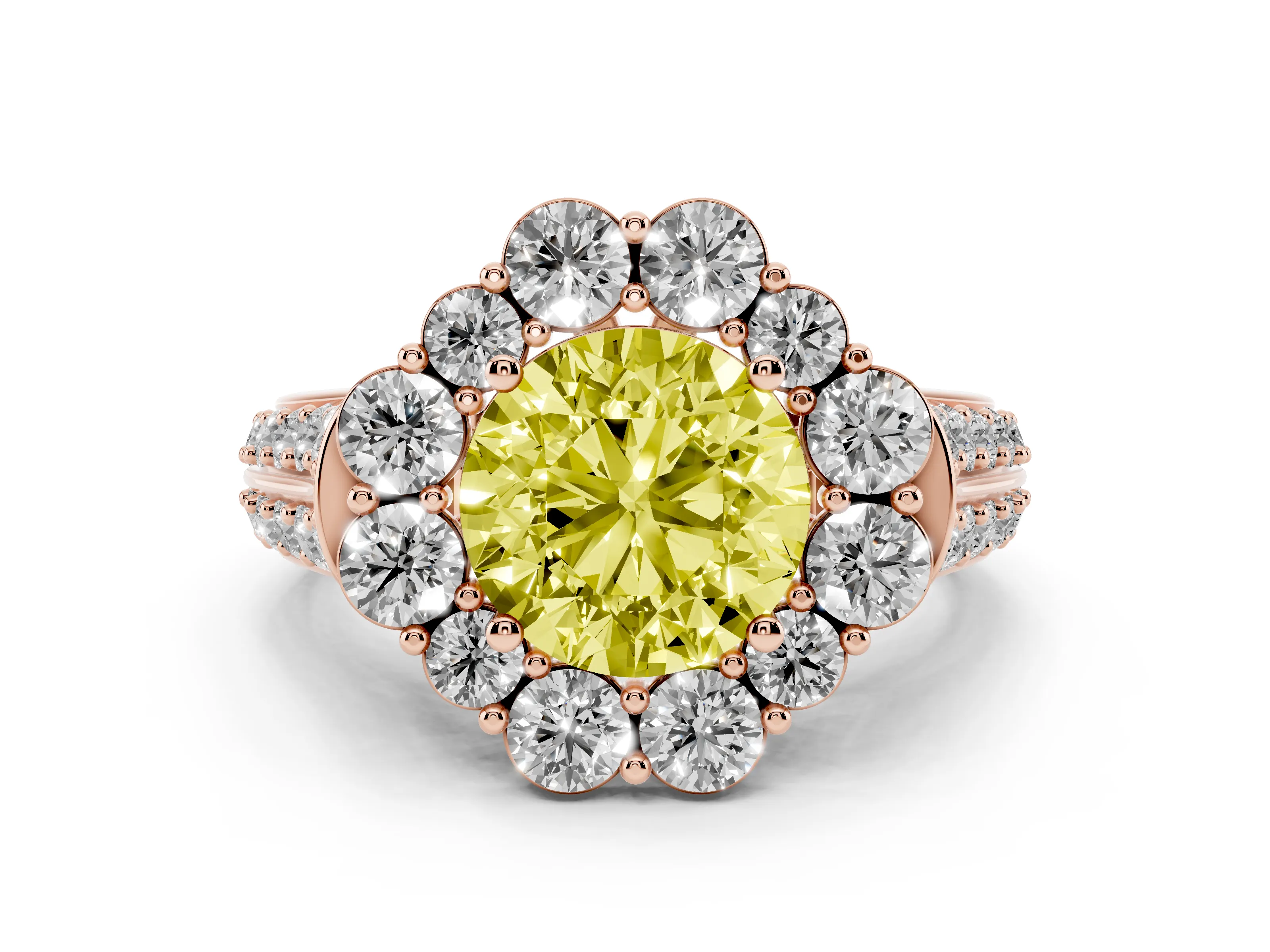 Fancy Yellow Round Cut Diamond Halo Engagement Ring Set in Rose gold with Split Shank and Prong Setting