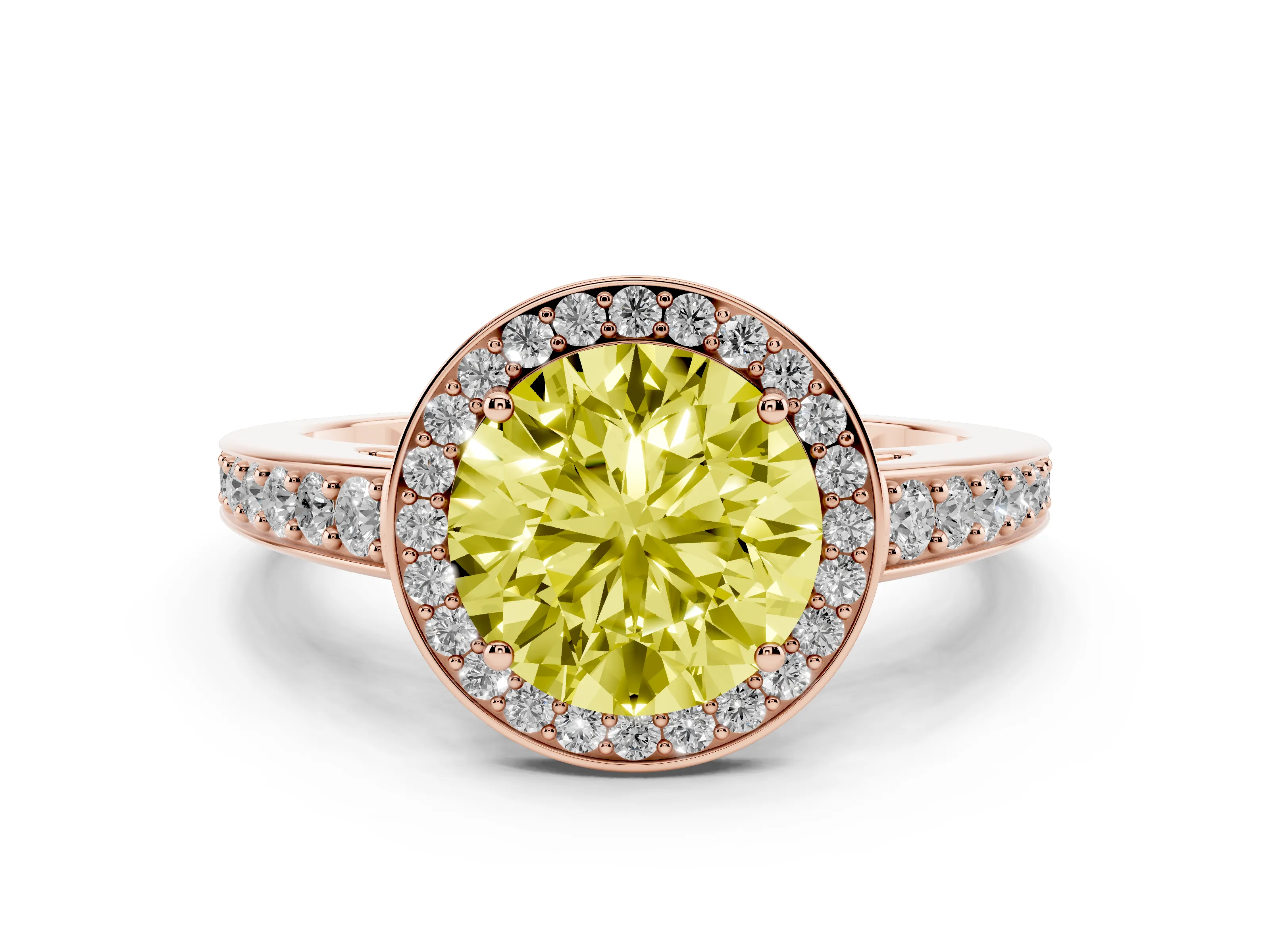 Fancy Yellow Round Cut Diamond Halo Pavé Engagement Ring Set in Rose gold with Bezel Setting