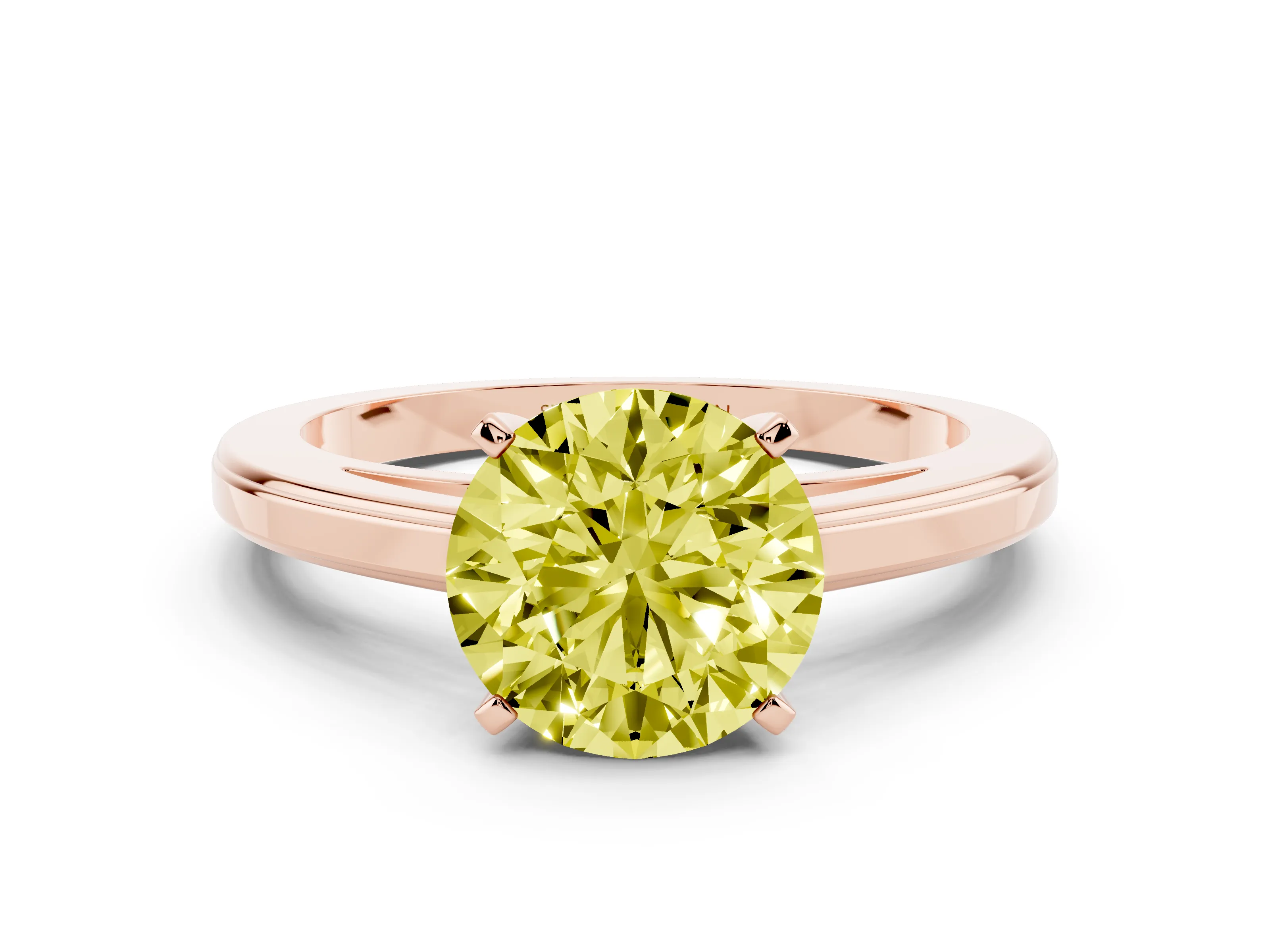 Fancy Yellow Round Cut Diamond Solitaire Ring Set in Rose gold with Prong Setting and Classic Band