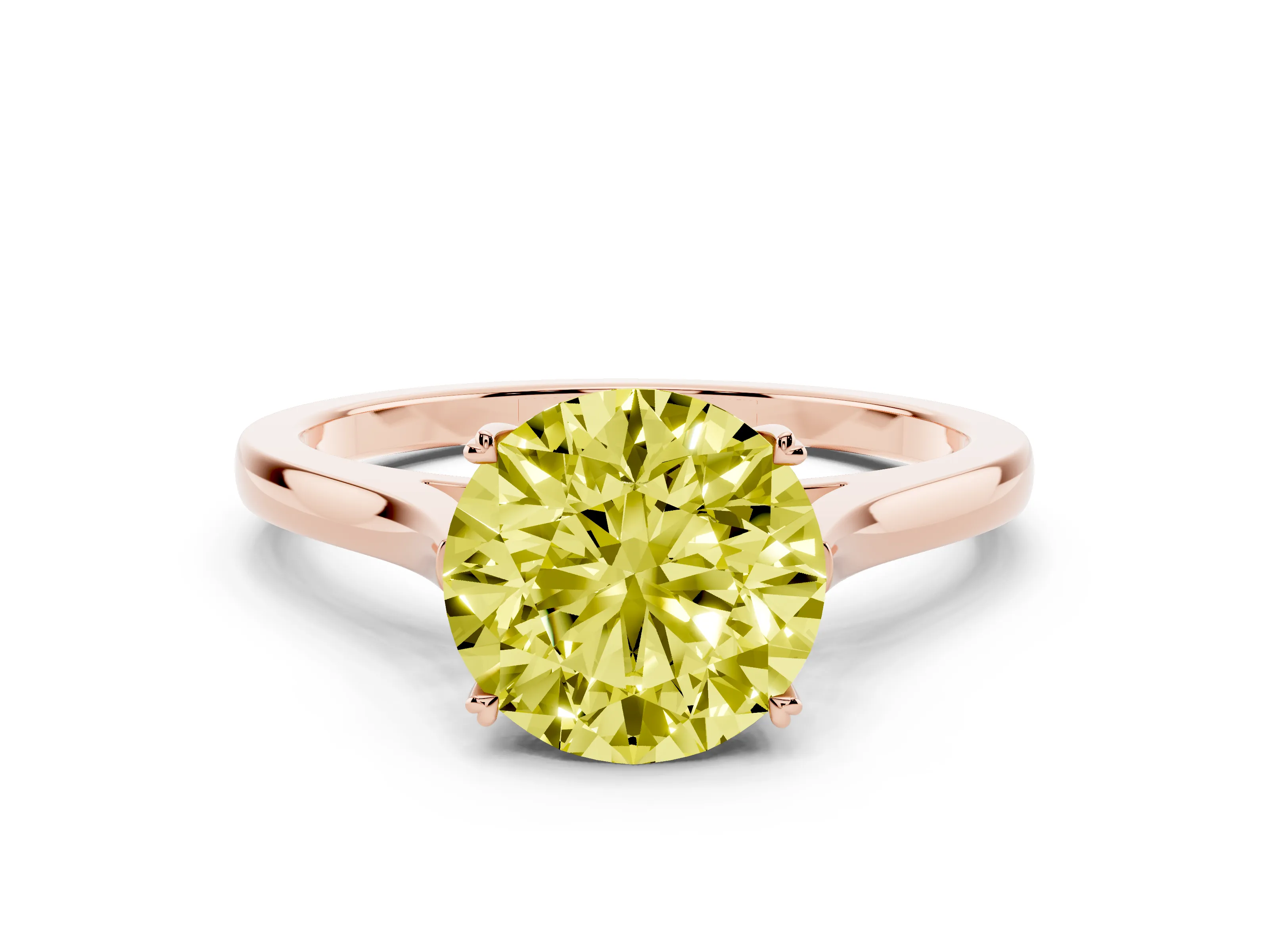 Fancy Yellow Round Cut Diamond Solitaire Heart Prong Engagement Ring Set in Rose gold with Tapered Band